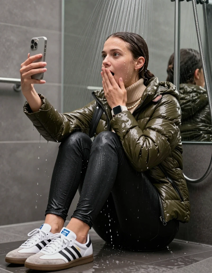 photo of young woman, in soaking wet, drenched clothes,
White sneakers from Adidas Samba black striped , glistening soaked tight black skinny jeans , Glistening soaked olive shiny Puffer down jacket from monclare, beige tight knit turtleneck sweater belly free, shoulderbag, pearl necklace, smartwatch , 15-year-old teenage Girl sitting directly under a heavy powerful stream of water directely under shower in a modern mirrored  bathroom, 
enjoying, wet clothes stuck to body,
detailed textures of the wet clothes, wet face, wet plastered hair,
wet, drenched, professional, high-quality details, full body view.
sharp focus, ultra-high pixel detail, realistic, high-quality, full colors, incredibly detailed, 4k, 8k, 16k, hyper-realistic, RAW photo, masterpiece, ultra-detailed, professionally color graded, professional photograph, Behind view: 15-year-old teenage girl. looking up.
wet plastered hair. Brunette sleek ponytail with water cascading down her face and neck. Surprised and astonished. Looking at camera. Hold one hand on mouth. pressed the knees together. Take a Selfie.

The Girls wear different clothes.

The lighting is bright and cinematic, highlighting the glistening water droplets on her skin and the saturated texture of her clothes.

her clothes are heavy from the water, water runs from her body and her clothes in streams. A lot of water also runs out of her clothes. Her clothes are darkened by the water. Her submerged clothes are clinging wet. 
soft atmospheric lighting reflecting off the surface, cinematic medium shot, hyper-realistic wetness, high-contrast water sheen, 8k resolution, sharp focus, detailed skin texture., wet skin, wet clothes, damp fabric,, wet skin, wet clothes, damp fabric, wet skin, wet clothes, damp fabric, wet skin, wet clothes, damp fabric, wet skin, wet clothes, damp fabric, wet skin, wet clothes, damp fabric, wet skin, wet clothes, damp fabric, wet skin, wet clothes, damp fabric, wet skin, wet clothes, damp fabric, wet skin, wet clothes, damp fabric, wet skin, wet clothes, damp fabric, wet skin, wet clothes, damp fabric, wet skin, wet clothes, damp fabric, wet skin, wet clothes, damp fabric