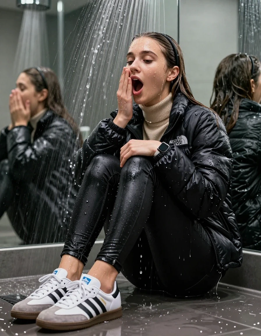photo of young woman, in soaking wet, drenched clothes,
Totally Soaked White sneakers from Adidas Samba black striped , glistening soaked tight black skinny jeans , Glistening soaked black Puffer down jacket from north face, beige tight knit turtleneck sweater belly free, shoulderbag, pearl necklace, smartwatch , 15-year-old teenage Girl sitting directly under a heavy powerful stream of water directely under shower in a modern mirrored  bathroom, 
enjoying, wet clothes stuck to body,
detailed textures of the wet clothes, wet face, wet plastered hair,
wet, drenched, professional, high-quality details, full body view.
sharp focus, ultra-high pixel detail, realistic, high-quality, full colors, incredibly detailed, 4k, 8k, 16k, hyper-realistic, RAW photo, masterpiece, ultra-detailed, professionally color graded, professional photograph, Behind view: 15-year-old teenage girl. looking  up.
wet plastered hair.  sleek long straight hair with a hairband with water cascading down her face and neck. Shocked  and astonished. Open mouth, closed eyes. Looking at camera. Hold a Hand on her mouth, pressed the knees together.

The Girls wear different clothes.

The lighting is bright and cinematic, highlighting the glistening water droplets on her skin and the saturated texture of her clothes.

her clothes are heavy from the water, water runs from her body and her clothes in streams. A lot of water also runs out of her clothes. Her clothes are darkened by the water. Her submerged clothes are clinging wet. 
soft atmospheric lighting reflecting off the surface, cinematic medium shot, hyper-realistic wetness, high-contrast water sheen, 8k resolution, sharp focus, detailed skin texture., wet skin, wet clothes, damp fabric,, wet skin, wet clothes, damp fabric, wet skin, wet clothes, damp fabric, wet skin, wet clothes, damp fabric, wet skin, wet clothes, damp fabric, wet skin, wet clothes, damp fabric, wet skin, wet clothes, damp fabric, wet skin, wet clothes, damp fabric, wet skin, wet clothes, damp fabric, wet skin, wet clothes, damp fabric, wet skin, wet clothes, damp fabric, wet skin, wet clothes, damp fabric