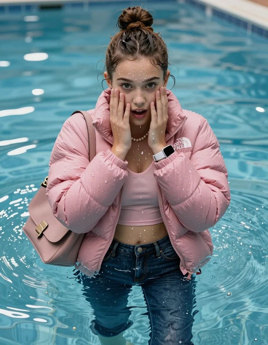 photo of young woman, in soaking wet, drenched clothes,
, Glistening soaked tight skinny jeans, Glistening soaked pink Puffer down jacket from north face, tight sexy tshirt with wide neckline belly free, shoulderbag, pearl necklace, smartwatch , Pool, 
enjoying, wet clothes stuck to body,
detailed textures of the wet clothes, wet face, wet plastered hair,
wet, drenched, professional, high-quality details, full body view.
sharp focus, ultra-high pixel detail, realistic, high-quality, full colors, incredibly detailed, 4k, 8k, 16k, hyper-realistic, RAW photo, masterpiece, ultra-detailed, professionally color graded, professional photograph, A realistic vertical fashion photograph of an  15-year-old teenage Girl lying after a dip submerged in a clear blue swimming pool. 
Complete wet plastered hair. Brunette  topknot with water cascading down her clothes. Shy and astonished. Slightly smile. Looking at camera. Hold her hands over her face. Open mouth, big eyes. She soak her shoulderbag in the water. The girl is positioned in the center of the frame, only  her head is visible above the shimmering water surface, while her body and legs are submerged below. Natural sunlight creates sparkling reflections on the water's surface. High-quality fashion photography, sharp focus on her face, cinematic lighting.
The lighting is bright and cinematic, highlighting the glistening water droplets on her skin and the saturated texture of her clothes.

her clothes are heavy from the water, water runs from her body and her clothes in streams. A lot of water also runs out of her clothes. Her clothes are darkened by the water. Her submerged clothes are clinging wet. 
soft atmospheric lighting reflecting off the surface, cinematic medium shot, hyper-realistic wetness, high-contrast water sheen, 8k resolution, sharp focus, wet skin, wet clothes, damp fabric, wet skin, wet clothes, damp fabric