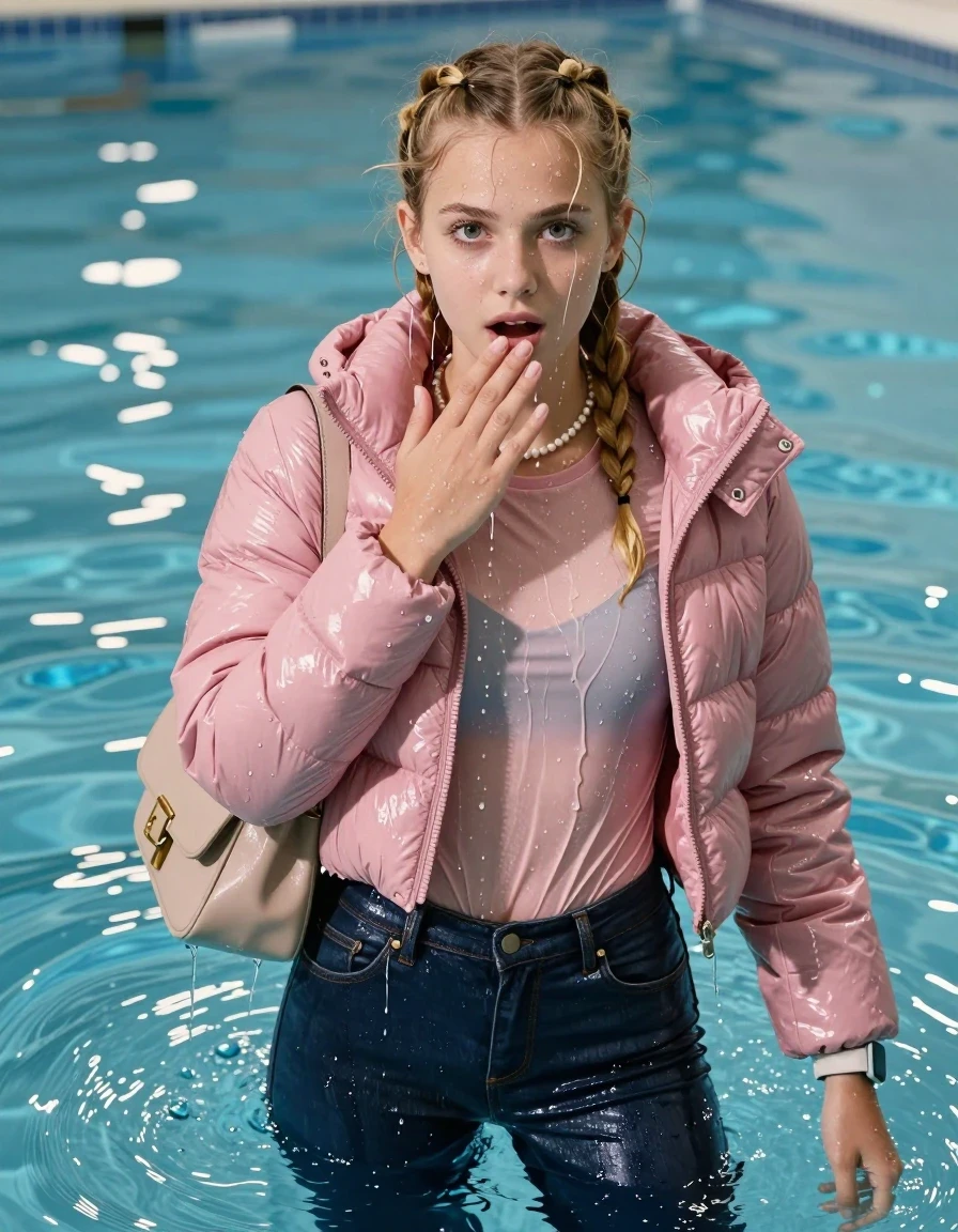photo of young woman, in soaking wet, drenched clothes,
, Glistening soaked tight skinny jeans, Glistening soaked pink shiny Puffer down jacket from monclare, tight sexy tshirt with wide neckline belly free, shoulderbag, pearl necklace, smartwatch , Pool, 
enjoying, wet clothes stuck to body,
detailed textures of the wet clothes, wet face, wet plastered hair,
wet, drenched, professional, high-quality details, full body view.
sharp focus, ultra-high pixel detail, realistic, high-quality, full colors, incredibly detailed, 4k, 8k, 16k, hyper-realistic, RAW photo, masterpiece, ultra-detailed, professionally color graded, professional photograph, A realistic vertical fashion photograph of an  15-year-old teenage Girl emerge after a dip   in a clear blue swimming pool. 
wet plastered hair. Blonde sleek braids with water cascading down her clothes. Shy and astonished. Looking at camera. Hold a hand on mouth. Open mouth, big eyes. She soak her shoulderbag in the water. The girl is positioned in the center of the frame, her head and shoulders visible above the shimmering water surface, while her body and legs are submerged below. Natural sunlight creates sparkling reflections on the water's surface. High-quality fashion photography, sharp focus on her face, cinematic lighting.
The lighting is bright and cinematic, highlighting the glistening water droplets on her skin and the saturated texture of her clothes.

her clothes are heavy from the water, water runs from her body and her clothes in streams. A lot of water also runs out of her clothes. Her clothes are darkened by the water. Her submerged clothes are clinging wet. 
soft atmospheric lighting reflecting off the surface, cinematic medium shot, hyper-realistic wetness, high-contrast water sheen, 8k resolution, sharp focus, wet skin, wet clothes, damp fabric