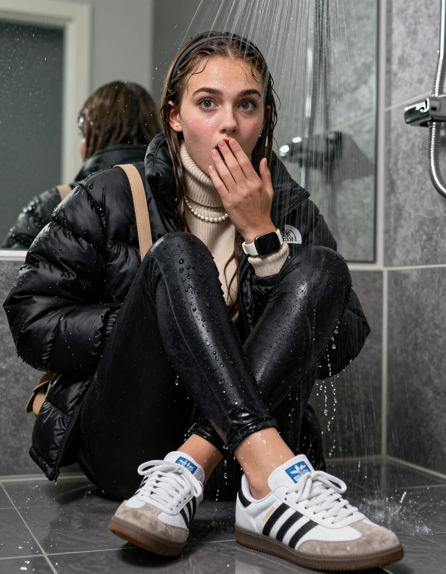 photo of young woman, in soaking wet, drenched clothes,
Totally Soaked White sneakers from Adidas Samba black striped , glistening soaked tight black skinny jeans , Glistening soaked black Puffer down jacket from north face, beige tight knit turtleneck sweater belly free, shoulderbag, pearl necklace, smartwatch , 15-year-old teenage Girl sitting directly under a heavy powerful stream of water directely under shower in a modern mirrored  bathroom, 
enjoying, wet clothes stuck to body,
detailed textures of the wet clothes, wet face, wet plastered hair,
wet, drenched, professional, high-quality details, full body view.
sharp focus, ultra-high pixel detail, realistic, high-quality, full colors, incredibly detailed, 4k, 8k, 16k, hyper-realistic, RAW photo, masterpiece, ultra-detailed, professionally color graded, professional photograph, Behind view: 15-year-old teenage girl. looking  at camera.
wet plastered hair.  sleek long straight hair with a hairband with water cascading down her face and neck. Shocked  and astonished. Open mouth, big eyes. Looking at camera. Hold a Hand on her mouth, pressed the knees together.

The Girls wear different clothes.

The lighting is bright and cinematic, highlighting the glistening water droplets on her skin and the saturated texture of her clothes.

her clothes are heavy from the water, water runs from her body and her clothes in streams. A lot of water also runs out of her clothes. Her clothes are darkened by the water. Her submerged clothes are clinging wet. 
soft atmospheric lighting reflecting off the surface, cinematic medium shot, hyper-realistic wetness, high-contrast water sheen, 8k resolution, sharp focus, detailed skin texture., wet skin, wet clothes, damp fabric,, wet skin, wet clothes, damp fabric, wet skin, wet clothes, damp fabric, wet skin, wet clothes, damp fabric, wet skin, wet clothes, damp fabric, wet skin, wet clothes, damp fabric, wet skin, wet clothes, damp fabric, wet skin, wet clothes, damp fabric, wet skin, wet clothes, damp fabric, wet skin, wet clothes, damp fabric, wet skin, wet clothes, damp fabric, wet skin, wet clothes, damp fabric