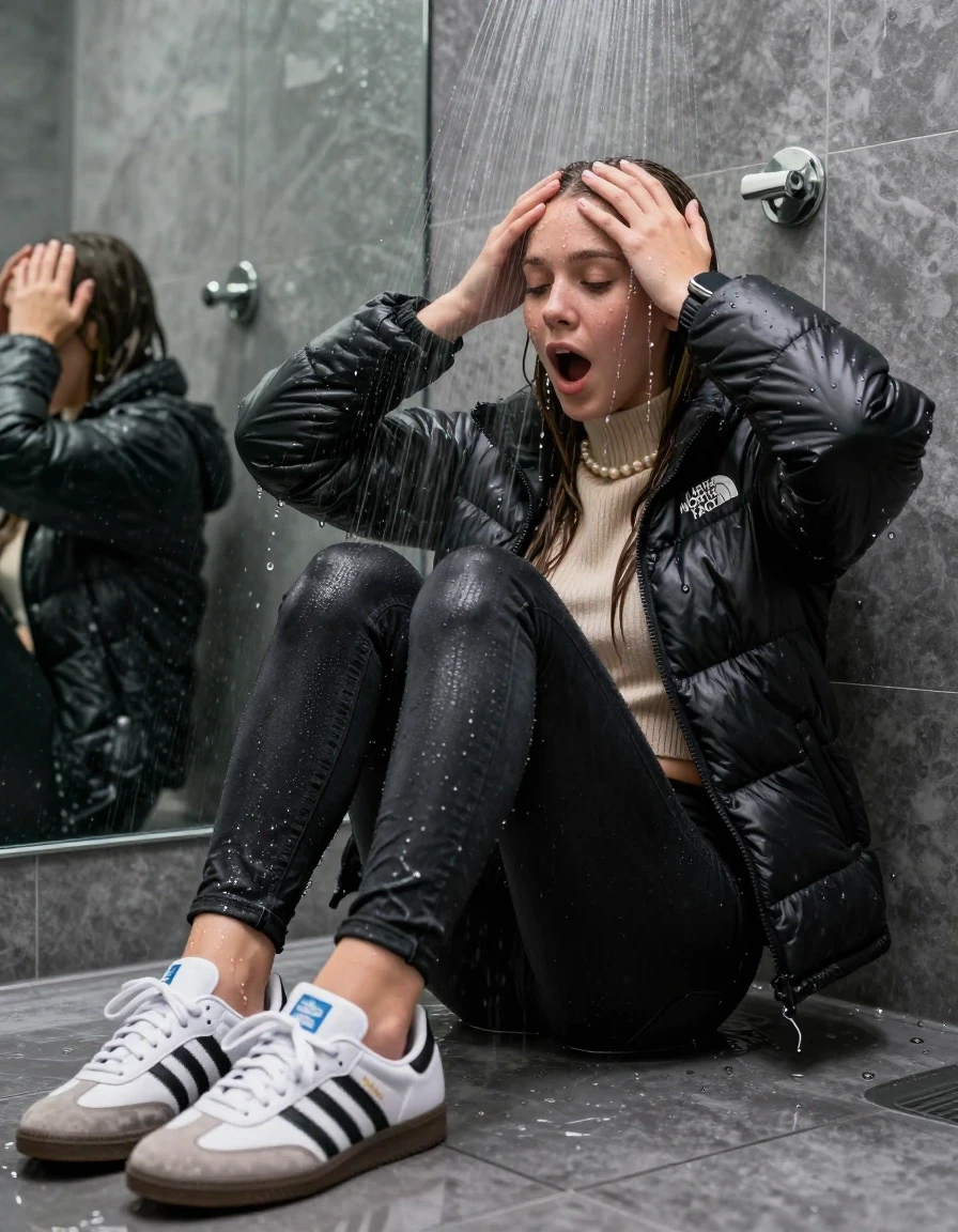 photo of young woman, in soaking wet, drenched clothes,
Totally Soaked White sneakers from Adidas Samba black striped , glistening soaked tight black skinny jeans , Glistening soaked black Puffer down jacket from north face, beige tight knit turtleneck sweater belly free, shoulderbag, pearl necklace, smartwatch , 15-year-old teenage Girl lying directly under a heavy powerful stream of water directely under shower in a modern mirrored  bathroom, 
enjoying, wet clothes stuck to body,
detailed textures of the wet clothes, wet face, wet plastered hair,
wet, drenched, professional, high-quality details, full body view.
sharp focus, ultra-high pixel detail, realistic, high-quality, full colors, incredibly detailed, 4k, 8k, 16k, hyper-realistic, RAW photo, masterpiece, ultra-detailed, professionally color graded, professional photograph, Behind view: 15-year-old teenage girl. looking  up.
wet plastered hair.  sleek long straight hair with a hairband with water cascading down her face and neck. Shocked  and astonished. Open mouth, closed eyes. Looking at camera. Hold her Hands on her forehead, pressed the knees together.

The Girls wear different clothes.

The lighting is bright and cinematic, highlighting the glistening water droplets on her skin and the saturated texture of her clothes.

her clothes are heavy from the water, water runs from her body and her clothes in streams. A lot of water also runs out of her clothes. Her clothes are darkened by the water. Her submerged clothes are clinging wet. 
soft atmospheric lighting reflecting off the surface, cinematic medium shot, hyper-realistic wetness, high-contrast water sheen, 8k resolution, sharp focus, detailed skin texture., wet skin, wet clothes, damp fabric,, wet skin, wet clothes, damp fabric, wet skin, wet clothes, damp fabric, wet skin, wet clothes, damp fabric, wet skin, wet clothes, damp fabric, wet skin, wet clothes, damp fabric, wet skin, wet clothes, damp fabric, wet skin, wet clothes, damp fabric, wet skin, wet clothes, damp fabric, wet skin, wet clothes, damp fabric, wet skin, wet clothes, damp fabric, wet skin, wet clothes, damp fabric