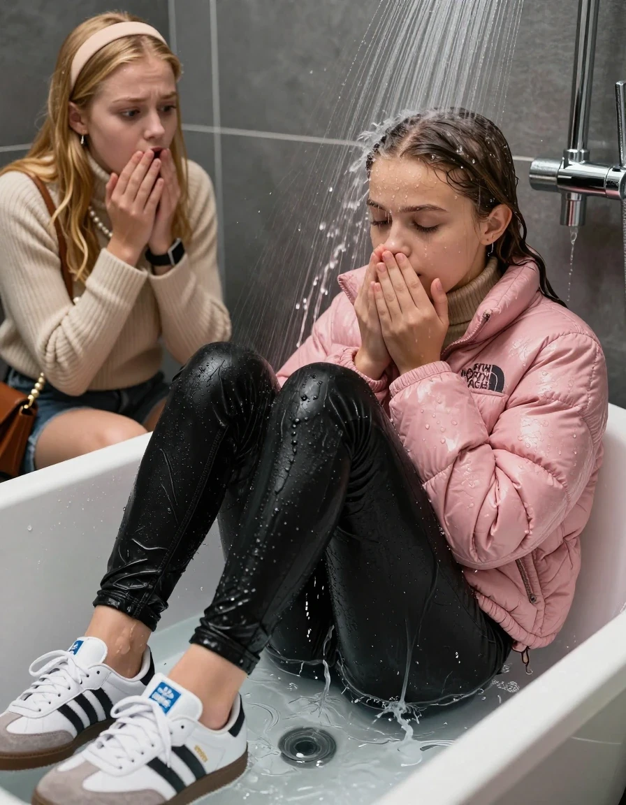 photo of young woman, in soaking wet, drenched clothes,
Totally Soaked White sneakers from Adidas Samba black striped , glistening soaked tight black skinny jeans , Glistening soaked pink Puffer down jacket from north face, beige tight knit turtleneck sweater belly free, shoulderbag, pearl necklace, smartwatch , 15-year-old teenage Girl relaxing directly under a heavy powerful stream of water in a bathtube of a modern bathroom, a shocked friend sits beside the tube and watching her, 
enjoying, wet clothes stuck to body,
detailed textures of the wet clothes, wet face, wet plastered hair,
wet, drenched, professional, high-quality details, full body view.
sharp focus, ultra-high pixel detail, realistic, high-quality, full colors, incredibly detailed, 4k, 8k, 16k, hyper-realistic, RAW photo, masterpiece, ultra-detailed, professionally color graded, professional photograph, Behind view: 15-year-old teenage girl. looking  down.
wet plastered hair.  Blonde sleek long straight hair with a hairband with water cascading down her face and neck. Shocked  and astonished. closed eyes. Looking at camera. Hold her Hands on her mouth

The Girls wear different clothes.

The lighting is bright and cinematic, highlighting the glistening water droplets on her skin and the saturated texture of her clothes. The shoes are under water.

The water jet hits her head directly, her clothes are heavy from the water, water runs from her body and her clothes in streams. A lot of water also runs out of her clothes. Her clothes are darkened by the water. Her submerged clothes are clinging wet. 
soft atmospheric lighting reflecting off the surface, cinematic medium shot, hyper-realistic wetness, high-contrast water sheen, 8k resolution, sharp focus, detailed skin texture., wet skin, wet clothes, damp fabric,, wet skin, wet clothes, damp fabric, wet skin, wet clothes, damp fabric, wet skin, wet clothes, damp fabric, wet skin, wet clothes, damp fabric, wet skin, wet clothes, damp fabric, wet skin, wet clothes, damp fabric, wet skin, wet clothes, damp fabric, wet skin, wet clothes, damp fabric, wet skin, wet clothes, damp fabric, wet skin, wet clothes, damp fabric, wet skin, wet clothes, damp fabric