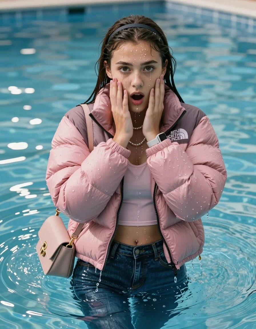 photo of young woman, in soaking wet, drenched clothes,
, Glistening soaked tight skinny jeans, Glistening soaked pink Puffer down jacket from north face, tight sexy tshirt with wide neckline belly free, shoulderbag, pearl necklace, smartwatch , Pool, 
enjoying, wet clothes stuck to body,
detailed textures of the wet clothes, wet face, wet plastered hair,
wet, drenched, professional, high-quality details, full body view.
sharp focus, ultra-high pixel detail, realistic, high-quality, full colors, incredibly detailed, 4k, 8k, 16k, hyper-realistic, RAW photo, masterpiece, ultra-detailed, professionally color graded, professional photograph, A realistic vertical fashion photograph of an  15-year-old teenage Girl submerged in a clear blue swimming pool. 
wet plastered hair. Brunette sleek long straight hair with a hairband with water cascading down her face and neck. Shy and astonished. Looking at camera. Hold her hands over her face. Open mouth, big eyes. The girl is positioned in the center of the frame, her head and shoulders visible above the shimmering water surface, while her body and legs are submerged below. Natural sunlight creates sparkling reflections on the water's surface. High-quality fashion photography, sharp focus on her face, cinematic lighting.
The lighting is bright and cinematic, highlighting the glistening water droplets on her skin and the saturated texture of her clothes.

her clothes are heavy from the water, water runs from her body and her clothes in streams. A lot of water also runs out of her clothes. Her clothes are darkened by the water. Her submerged clothes are clinging wet. 
soft atmospheric lighting reflecting off the surface, cinematic medium shot, hyper-realistic wetness, high-contrast water sheen, 8k resolution, sharp focus, wet skin, wet clothes, damp fabric