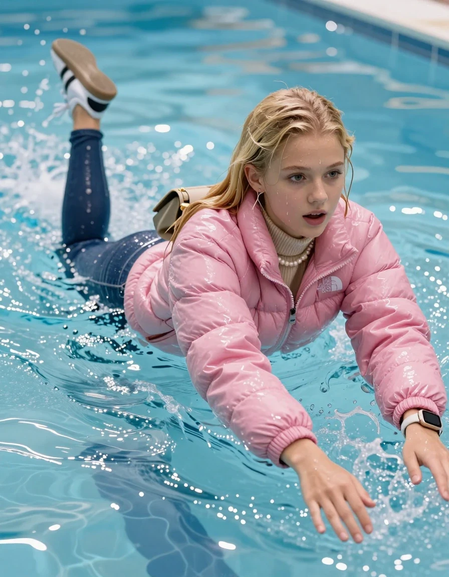 photo of young woman, in soaking wet, drenched clothes,
White sneakers Adidas Samba blackstriped, Glistening soaked tight skinny jeans, Glistening soaked pink Puffer down jacket from north face, beige tight knit turtleneck sweater belly free, shoulderbag, pearl necklace, smartwatch , Pool, 
enjoying, wet clothes stuck to body,
detailed textures of the wet clothes, wet face, wet plastered hair,
wet, drenched, professional, high-quality details, full body view.
sharp focus, ultra-high pixel detail, realistic, high-quality, full colors, incredibly detailed, 4k, 8k, 16k, hyper-realistic, RAW photo, masterpiece, ultra-detailed, professionally color graded, professional photograph, A realistic vertical fashion photograph of an  15-year-old teenage Girl  with blonde sleek long straight hair emerge in a clear blue swimming pool. The girl is positioned in the center of the frame, her head and shoulders visible above the shimmering water surface, while her body and legs are submerged below. She is captured in a dynamic swimming motion with her arms reaching forward. Natural sunlight creates sparkling reflections on the water's surface. High-quality fashion photography, sharp focus on her face, she Looks at camera, astonished expression, cinematic lighting. Show her face clearly toward the camera at a mild three-quarter angle, large enough for a natural portrait face reference., wet skin, wet clothes, damp fabric