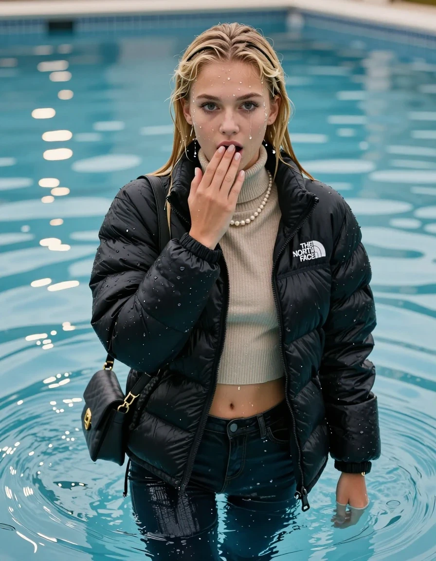 photo of young woman, in soaking wet, drenched clothes,
Heels, Glistening soaked tight skinny jeans, Glistening soaked black Puffer down jacket from north face, beige tight knit turtleneck sweater belly free, shoulderbag, pearl necklace, smartwatch , Pool, 
enjoying, wet clothes stuck to body,
detailed textures of the wet clothes, wet face, wet plastered hair,
wet, drenched, professional, high-quality details, full body view.
sharp focus, ultra-high pixel detail, realistic, high-quality, full colors, incredibly detailed, 4k, 8k, 16k, hyper-realistic, RAW photo, masterpiece, ultra-detailed, professionally color graded, professional photograph, A realistic vertical fashion photograph of an  15-year-old teenage Girl  Standing submerged in a clear blue swimming pool. 
wet plastered hair. Blonde sleek long straight hair with a hairband with water cascading down her face and neck. Surprised and astonished. Looking at camera. Hold one hand on mouth The girl is positioned in the center of the frame, her head and shoulders visible above the shimmering water surface, while her body and legs are submerged below. Natural sunlight creates sparkling reflections on the water's surface. High-quality fashion photography, sharp focus on her face, cinematic lighting.
The lighting is bright and cinematic, highlighting the glistening water droplets on her skin and the saturated texture of her clothes.

her clothes are heavy from the water, water runs from her body and her clothes in streams. A lot of water also runs out of her clothes. Her clothes are darkened by the water. Her submerged clothes are clinging wet. 
soft atmospheric lighting reflecting off the surface, cinematic medium shot, hyper-realistic wetness, high-contrast water sheen, 8k resolution, sharp focus, wet skin, wet clothes, damp fabric