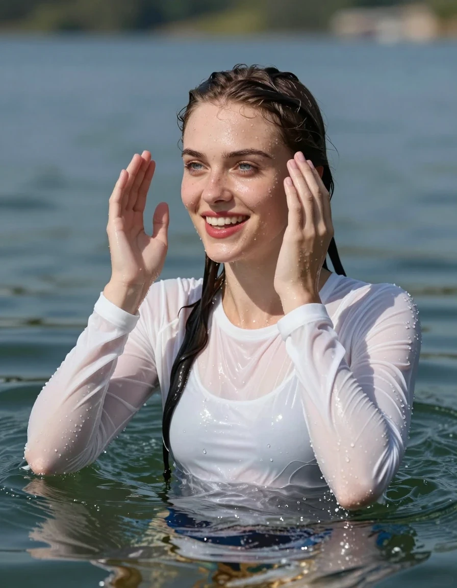 photo of young woman, in soaking wet, drenched clothes,
White longsleeves, Swimming in lake, 
enjoying, wet clothes stuck to body,
detailed textures of the wet clothes, wet face, wet plastered hair,
wet, drenched, professional, high-quality details, full body view.
sharp focus, ultra-high pixel detail, realistic, high-quality, full colors, incredibly detailed, 4k, 8k, 16k, hyper-realistic, RAW photo, masterpiece, ultra-detailed, professionally color graded, professional photograph, Young girl swimming totally submerged up of shoulders in lake smiling, upping hands, blue eyes, long hair, red lipstick, wet skin, wet clothes, damp fabric