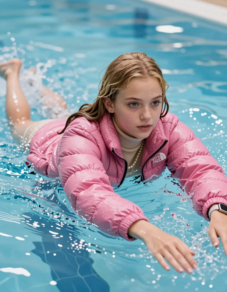 photo of young woman, in soaking wet, drenched clothes,
, , Glistening soaked pink Puffer down jacket from north face, beige tight knit turtleneck sweater belly free, shoulderbag, pearl necklace, smartwatch , Pool, 
enjoying, wet clothes stuck to body,
detailed textures of the wet clothes, wet face, wet plastered hair,
wet, drenched, professional, high-quality details, full body view.
sharp focus, ultra-high pixel detail, realistic, high-quality, full colors, incredibly detailed, 4k, 8k, 16k, hyper-realistic, RAW photo, masterpiece, ultra-detailed, professionally color graded, professional photograph, A realistic vertical fashion photograph of an  15-year-old teenage Girl  with blonde sleek long straight hair swimming breaststroke in a clear blue swimming pool. The girl is positioned in the center of the frame, her head and shoulders visible above the shimmering water surface, while her body and legs are submerged below. She is captured in a dynamic swimming motion with her arms reaching forward. Natural sunlight creates sparkling reflections on the water's surface. High-quality fashion photography, sharp focus on her face, she Looks at camera, serene expression, cinematic lighting. The depicted adult woman has shoulder-length dark auburn hair. Show her face clearly toward the camera at a mild three-quarter angle, large enough for a natural portrait face reference., wet skin, wet clothes, damp fabric