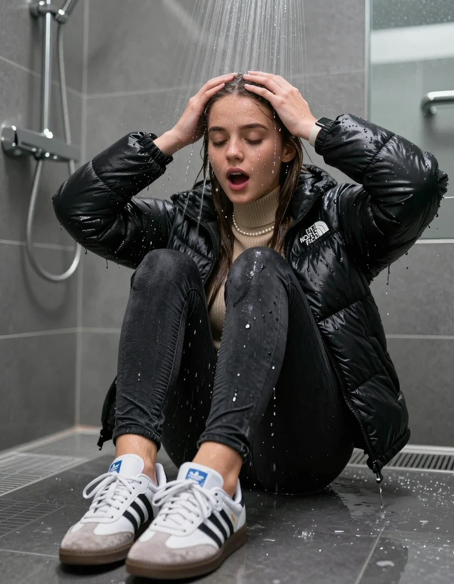 photo of young woman, in soaking wet, drenched clothes,
Totally Soaked White sneakers from Adidas Samba black striped , glistening soaked tight black skinny jeans , Glistening soaked black Puffer down jacket from north face, beige tight knit turtleneck sweater belly free, shoulderbag, pearl necklace, smartwatch , 15-year-old teenage Girl lying directly under a heavy powerful stream of water directely under shower in a modern mirrored  bathroom, 
enjoying, wet clothes stuck to body,
detailed textures of the wet clothes, wet face, wet plastered hair,
wet, drenched, professional, high-quality details, full body view.
sharp focus, ultra-high pixel detail, realistic, high-quality, full colors, incredibly detailed, 4k, 8k, 16k, hyper-realistic, RAW photo, masterpiece, ultra-detailed, professionally color graded, professional photograph, Behind view: 15-year-old teenage girl. looking  up.
wet plastered hair.  sleek long straight hair with a hairband with water cascading down her face and neck. Shocked  and astonished. Open mouth, closed eyes. Looking at camera. Hold her Hands on her forehead, pressed the knees together.

The Girls wear different clothes.

The lighting is bright and cinematic, highlighting the glistening water droplets on her skin and the saturated texture of her clothes.

her clothes are heavy from the water, water runs from her body and her clothes in streams. A lot of water also runs out of her clothes. Her clothes are darkened by the water. Her submerged clothes are clinging wet. 
soft atmospheric lighting reflecting off the surface, cinematic medium shot, hyper-realistic wetness, high-contrast water sheen, 8k resolution, sharp focus, detailed skin texture., wet skin, wet clothes, damp fabric,, wet skin, wet clothes, damp fabric, wet skin, wet clothes, damp fabric, wet skin, wet clothes, damp fabric, wet skin, wet clothes, damp fabric, wet skin, wet clothes, damp fabric, wet skin, wet clothes, damp fabric, wet skin, wet clothes, damp fabric, wet skin, wet clothes, damp fabric, wet skin, wet clothes, damp fabric, wet skin, wet clothes, damp fabric, wet skin, wet clothes, damp fabric