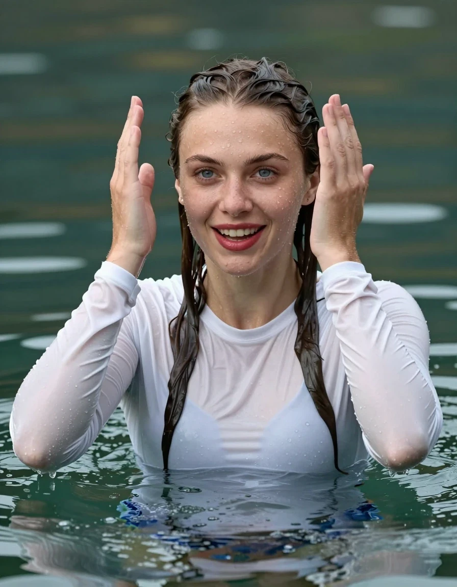 photo of young woman, in soaking wet, drenched clothes,
White longsleeves, Swimming in lake, 
enjoying, wet clothes stuck to body,
detailed textures of the wet clothes, wet face, wet plastered hair,
wet, drenched, professional, high-quality details, full body view.
sharp focus, ultra-high pixel detail, realistic, high-quality, full colors, incredibly detailed, 4k, 8k, 16k, hyper-realistic, RAW photo, masterpiece, ultra-detailed, professionally color graded, professional photograph, Young girl swimming totally submerged up of shoulders in lake smiling, upping hands, blue eyes, long hair, red lipstick, wet skin, wet clothes, damp fabric