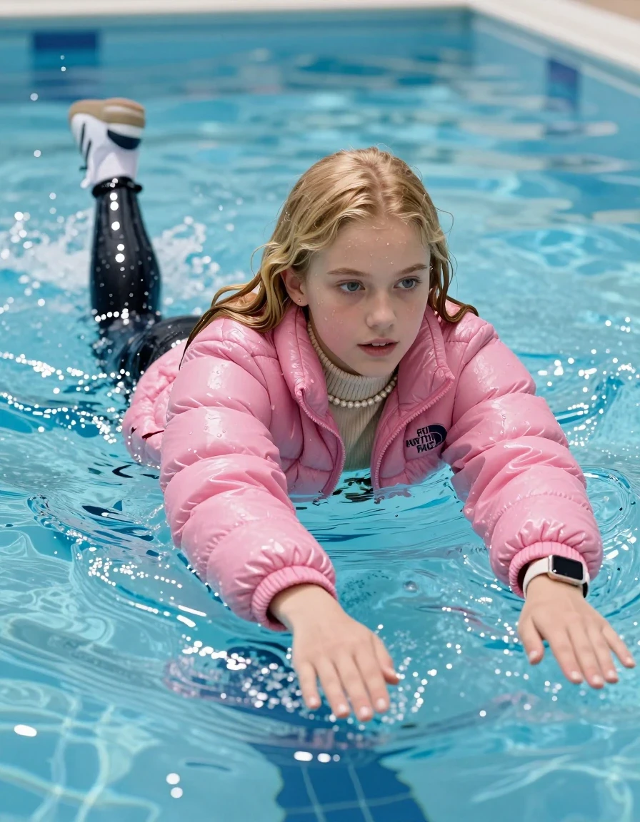 photo of young woman, in soaking wet, drenched clothes,
White sneakers from Adidas Samba black striped , glistening soaked tight black skinny jeans , Glistening soaked pink Puffer down jacket from north face, beige tight knit turtleneck sweater belly free, shoulderbag, pearl necklace, smartwatch , Pool, 
enjoying, wet clothes stuck to body,
detailed textures of the wet clothes, wet face, wet plastered hair,
wet, drenched, professional, high-quality details, full body view.
sharp focus, ultra-high pixel detail, realistic, high-quality, full colors, incredibly detailed, 4k, 8k, 16k, hyper-realistic, RAW photo, masterpiece, ultra-detailed, professionally color graded, professional photograph, A realistic vertical fashion photograph of an  15-year-old teenage Girl  with blonde sleek long straight hair swimming breaststroke in a clear blue swimming pool. The girl is positioned in the center of the frame, her head and shoulders visible above the shimmering water surface, while her body and legs are submerged below. She is captured in a dynamic swimming motion with her arms reaching forward. Natural sunlight creates sparkling reflections on the water's surface. High-quality fashion photography, sharp focus on her face, serene expression, cinematic lighting. The depicted adult woman has shoulder-length dark auburn hair. Show her face clearly toward the camera at a mild three-quarter angle, large enough for a natural portrait face reference., wet skin, wet clothes, damp fabric