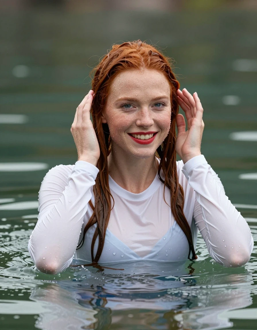photo of young woman, in soaking wet, drenched clothes,
White longsleeves, Swimming in lake, 
enjoying, wet clothes stuck to body,
detailed textures of the wet clothes, wet face, wet plastered hair,
wet, drenched, professional, high-quality details, full body view.
sharp focus, ultra-high pixel detail, realistic, high-quality, full colors, incredibly detailed, 4k, 8k, 16k, hyper-realistic, RAW photo, masterpiece, ultra-detailed, professionally color graded, professional photograph, Young girl swimming totally submerged up of shoulders in lake smiling, upping hands, blue eyes, long red hair, red lipstick, wet skin, wet clothes, damp fabric