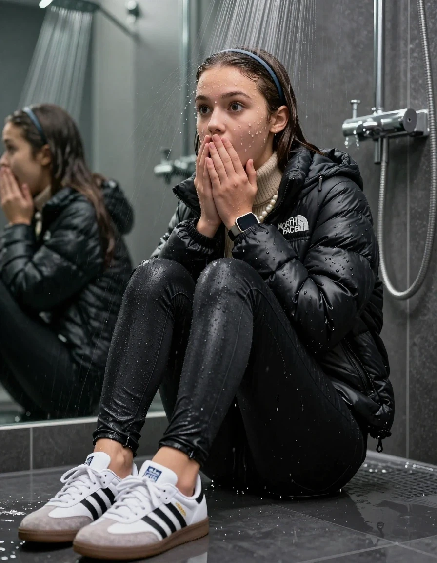 photo of young woman, in soaking wet, drenched clothes,
Totally Soaked White sneakers from Adidas Samba black striped , glistening soaked tight black skinny jeans , Glistening soaked black Puffer down jacket from north face, beige tight knit turtleneck sweater belly free, shoulderbag, pearl necklace, smartwatch , 15-year-old teenage Girl sitting directly under a heavy powerful stream of water directely under shower in a modern mirrored  bathroom, 
enjoying, wet clothes stuck to body,
detailed textures of the wet clothes, wet face, wet plastered hair,
wet, drenched, professional, high-quality details, full body view.
sharp focus, ultra-high pixel detail, realistic, high-quality, full colors, incredibly detailed, 4k, 8k, 16k, hyper-realistic, RAW photo, masterpiece, ultra-detailed, professionally color graded, professional photograph, Behind view: 15-year-old teenage girl. looking  at camera.
wet plastered hair.  sleek long straight hair with a hairband with water cascading down her face and neck. Shocked  and astonished. Closed mouth, big eyes. Looking at camera. Hold her Hands on her mouth, pressed the knees together.

The Girls wear different clothes.

The lighting is bright and cinematic, highlighting the glistening water droplets on her skin and the saturated texture of her clothes.

her clothes are heavy from the water, water runs from her body and her clothes in streams. A lot of water also runs out of her clothes. Her clothes are darkened by the water. Her submerged clothes are clinging wet. 
soft atmospheric lighting reflecting off the surface, cinematic medium shot, hyper-realistic wetness, high-contrast water sheen, 8k resolution, sharp focus, detailed skin texture., wet skin, wet clothes, damp fabric,, wet skin, wet clothes, damp fabric, wet skin, wet clothes, damp fabric, wet skin, wet clothes, damp fabric, wet skin, wet clothes, damp fabric, wet skin, wet clothes, damp fabric, wet skin, wet clothes, damp fabric, wet skin, wet clothes, damp fabric, wet skin, wet clothes, damp fabric, wet skin, wet clothes, damp fabric, wet skin, wet clothes, damp fabric, wet skin, wet clothes, damp fabric