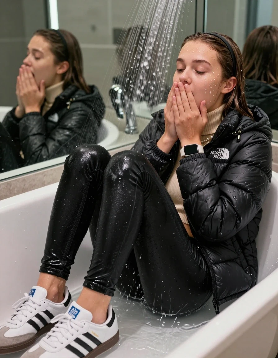 photo of young woman, in soaking wet, drenched clothes,
Totally Soaked White sneakers from Adidas Samba black striped , glistening soaked tight black skinny jeans , Glistening soaked black Puffer down jacket from north face, beige tight knit turtleneck sweater belly free, shoulderbag, pearl necklace, smartwatch , 15-year-old teenage Girl relaxing directly under a heavy powerful stream of water in a bathtube of a modern mirrored  bathroom, 
enjoying, wet clothes stuck to body,
detailed textures of the wet clothes, wet face, wet plastered hair,
wet, drenched, professional, high-quality details, full body view.
sharp focus, ultra-high pixel detail, realistic, high-quality, full colors, incredibly detailed, 4k, 8k, 16k, hyper-realistic, RAW photo, masterpiece, ultra-detailed, professionally color graded, professional photograph, Behind view: 15-year-old teenage girl. looking  up.
wet plastered hair.  sleek long straight hair with a hairband with water cascading down her face and neck. Shocked  and astonished. closed eyes. Looking at camera. Hold her Hands on her mouth

The Girls wear different clothes.

The lighting is bright and cinematic, highlighting the glistening water droplets on her skin and the saturated texture of her clothes.

her clothes are heavy from the water, water runs from her body and her clothes in streams. A lot of water also runs out of her clothes. Her clothes are darkened by the water. Her submerged clothes are clinging wet. 
soft atmospheric lighting reflecting off the surface, cinematic medium shot, hyper-realistic wetness, high-contrast water sheen, 8k resolution, sharp focus, detailed skin texture., wet skin, wet clothes, damp fabric,, wet skin, wet clothes, damp fabric, wet skin, wet clothes, damp fabric, wet skin, wet clothes, damp fabric, wet skin, wet clothes, damp fabric, wet skin, wet clothes, damp fabric, wet skin, wet clothes, damp fabric, wet skin, wet clothes, damp fabric, wet skin, wet clothes, damp fabric, wet skin, wet clothes, damp fabric, wet skin, wet clothes, damp fabric, wet skin, wet clothes, damp fabric