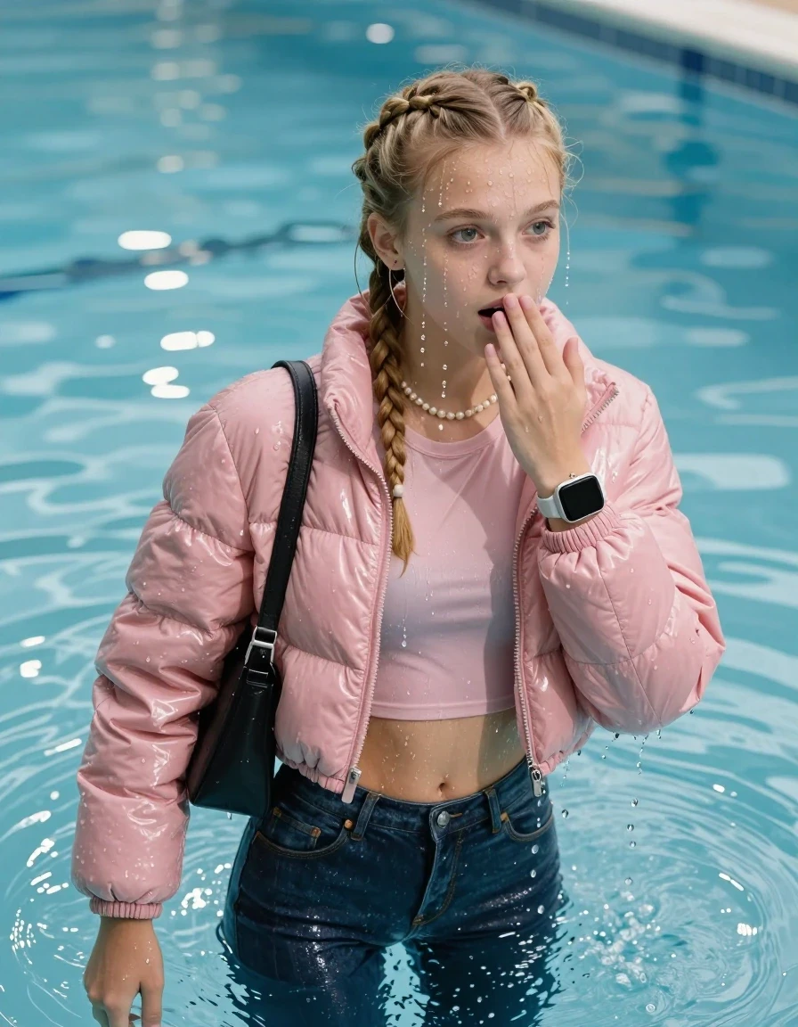 photo of young woman, in soaking wet, drenched clothes,
, Glistening soaked tight skinny jeans, Glistening soaked pink shiny Puffer down jacket from monclare, tight sexy tshirt with wide neckline belly free, shoulderbag, pearl necklace, smartwatch , Pool, 
enjoying, wet clothes stuck to body,
detailed textures of the wet clothes, wet face, wet plastered hair,
wet, drenched, professional, high-quality details, full body view.
sharp focus, ultra-high pixel detail, realistic, high-quality, full colors, incredibly detailed, 4k, 8k, 16k, hyper-realistic, RAW photo, masterpiece, ultra-detailed, professionally color graded, professional photograph, A realistic vertical fashion photograph of an  15-year-old teenage Girl emerge after a dip   in a clear blue swimming pool. 
wet plastered hair. Blonde sleek braids with water cascading down her face and neck. Shy and astonished. Looking at camera. Hold a hand on mouth. Open mouth, big eyes. She soak her shoulderbag in the water. The girl is positioned in the center of the frame, her head and shoulders visible above the shimmering water surface, while her body and legs are submerged below. Natural sunlight creates sparkling reflections on the water's surface. High-quality fashion photography, sharp focus on her face, cinematic lighting.
The lighting is bright and cinematic, highlighting the glistening water droplets on her skin and the saturated texture of her clothes.

her clothes are heavy from the water, water runs from her body and her clothes in streams. A lot of water also runs out of her clothes. Her clothes are darkened by the water. Her submerged clothes are clinging wet. 
soft atmospheric lighting reflecting off the surface, cinematic medium shot, hyper-realistic wetness, high-contrast water sheen, 8k resolution, sharp focus, wet skin, wet clothes, damp fabric