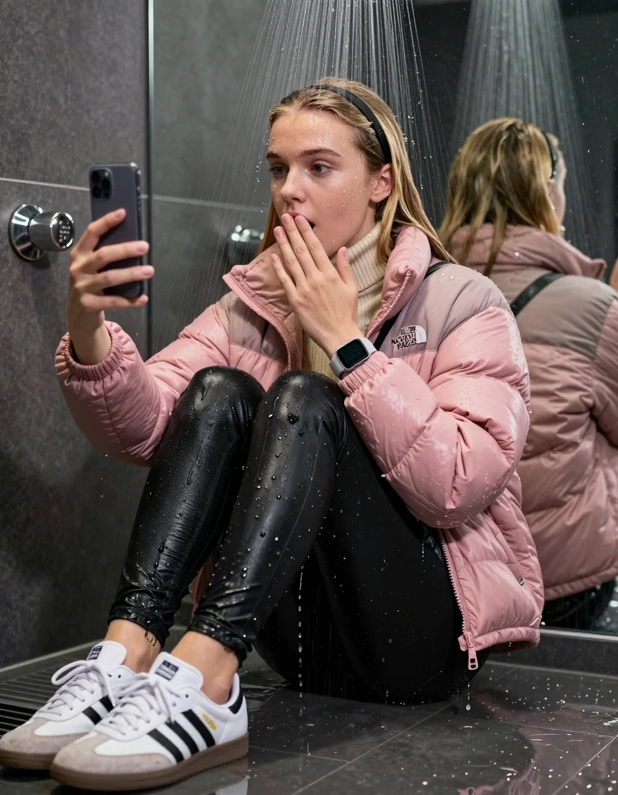 photo of young woman, in soaking wet, drenched clothes,
White sneakers from Adidas Samba black striped , glistening soaked tight black skinny jeans , Glistening soaked pink Puffer down jacket from north face, beige tight knit turtleneck sweater belly free, shoulderbag, pearl necklace, smartwatch , 15-year-old teenage Girl sitting directly under a heavy powerful stream of water directely under shower in a modern mirrored  bathroom, 
enjoying, wet clothes stuck to body,
detailed textures of the wet clothes, wet face, wet plastered hair,
wet, drenched, professional, high-quality details, full body view.
sharp focus, ultra-high pixel detail, realistic, high-quality, full colors, incredibly detailed, 4k, 8k, 16k, hyper-realistic, RAW photo, masterpiece, ultra-detailed, professionally color graded, professional photograph, Behind view: 15-year-old teenage girl. looking up.
wet plastered hair. Blonde sleek long straight hair with a hairband with water cascading down her face and neck. Surprised and astonished. Looking at camera. Hold one hand on mouth. pressed the knees together. Take a Selfie.

The Girls wear different clothes.

The lighting is bright and cinematic, highlighting the glistening water droplets on her skin and the saturated texture of her clothes.

her clothes are heavy from the water, water runs from her body and her clothes in streams. A lot of water also runs out of her clothes. Her clothes are darkened by the water. Her submerged clothes are clinging wet. 
soft atmospheric lighting reflecting off the surface, cinematic medium shot, hyper-realistic wetness, high-contrast water sheen, 8k resolution, sharp focus, detailed skin texture., wet skin, wet clothes, damp fabric,, wet skin, wet clothes, damp fabric, wet skin, wet clothes, damp fabric, wet skin, wet clothes, damp fabric, wet skin, wet clothes, damp fabric, wet skin, wet clothes, damp fabric, wet skin, wet clothes, damp fabric, wet skin, wet clothes, damp fabric, wet skin, wet clothes, damp fabric, wet skin, wet clothes, damp fabric, wet skin, wet clothes, damp fabric, wet skin, wet clothes, damp fabric, wet skin, wet clothes, damp fabric, wet skin, wet clothes, damp fabric