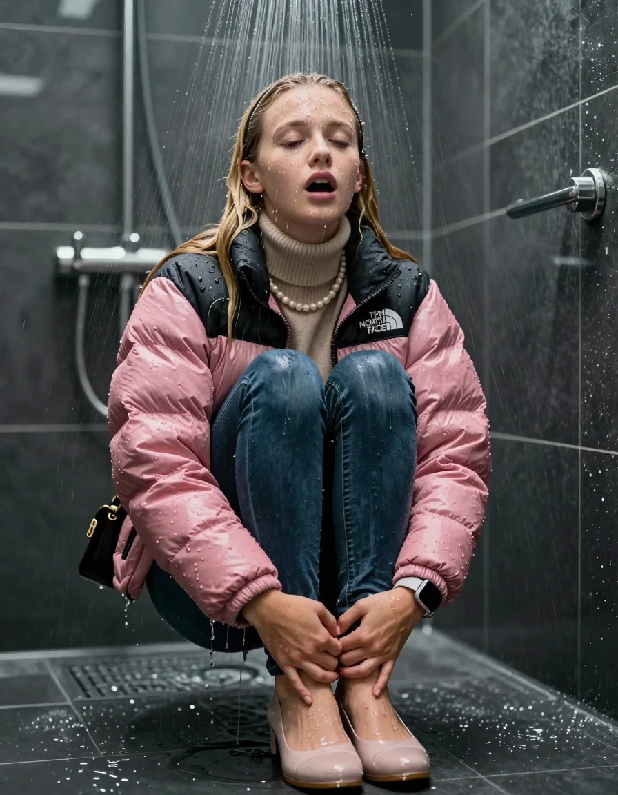 photo of young woman, in soaking wet, drenched clothes,
Pumps, glistening soaked tight skinny jeans , Glistening soaked pink Puffer down jacket from north face, beige tight knit turtleneck sweater belly free, shoulderbag, pearl necklace, smartwatch , 15-year-old teenage Girl directly under a heavy, powerful stream of water directely under shower in a modern mirrored  bathroom, 
enjoying, wet clothes stuck to body,
detailed textures of the wet clothes, wet face, wet plastered hair,
wet, drenched, professional, high-quality details, full body view.
sharp focus, ultra-high pixel detail, realistic, high-quality, full colors, incredibly detailed, 4k, 8k, 16k, hyper-realistic, RAW photo, masterpiece, ultra-detailed, professionally color graded, professional photograph, Behind view: 15-year-old teenage girl. looking up.
wet plastered hair. Blonde sleek long straight hair with a hairband with water cascading down her face and neck. Shocked  and astonished. Closed mouth, closed eyes. Looking at camera. Hold her Hands on her legs, pressed the knees together.

The Girls wear different clothes.

The lighting is bright and cinematic, highlighting the glistening water droplets on her skin and the saturated texture of her clothes.

her clothes are heavy from the water, water runs from her body and her clothes in streams. A lot of water also runs out of her clothes. Her clothes are darkened by the water. Her submerged clothes are clinging wet. 
soft atmospheric lighting reflecting off the surface, cinematic medium shot, hyper-realistic wetness, high-contrast water sheen, 8k resolution, sharp focus, detailed skin texture., wet skin, wet clothes, damp fabric,, wet skin, wet clothes, damp fabric, wet skin, wet clothes, damp fabric, wet skin, wet clothes, damp fabric, wet skin, wet clothes, damp fabric, wet skin, wet clothes, damp fabric, wet skin, wet clothes, damp fabric, wet skin, wet clothes, damp fabric, wet skin, wet clothes, damp fabric, wet skin, wet clothes, damp fabric, wet skin, wet clothes, damp fabric, wet skin, wet clothes, damp fabric