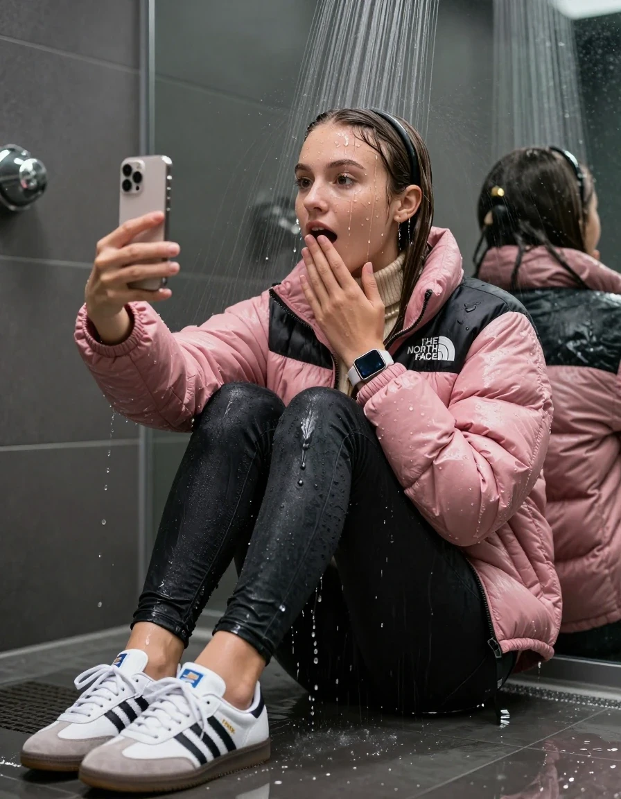 photo of young woman, in soaking wet, drenched clothes,
White sneakers from Adidas Samba black striped , glistening soaked tight black skinny jeans , Glistening soaked pink Puffer down jacket from north face, beige tight knit turtleneck sweater belly free, shoulderbag, pearl necklace, smartwatch , 15-year-old teenage Girl sitting directly under a heavy powerful stream of water directely under shower in a modern mirrored  bathroom, 
enjoying, wet clothes stuck to body,
detailed textures of the wet clothes, wet face, wet plastered hair,
wet, drenched, professional, high-quality details, full body view.
sharp focus, ultra-high pixel detail, realistic, high-quality, full colors, incredibly detailed, 4k, 8k, 16k, hyper-realistic, RAW photo, masterpiece, ultra-detailed, professionally color graded, professional photograph, Behind view: 15-year-old teenage girl. looking up.
wet plastered hair.  sleek long straight hair with a hairband with water cascading down her face and neck. Surprised and astonished. Looking at camera. Hold one hand on mouth. pressed the knees together. Take a Selfie.

The Girls wear different clothes.

The lighting is bright and cinematic, highlighting the glistening water droplets on her skin and the saturated texture of her clothes.

her clothes are heavy from the water, water runs from her body and her clothes in streams. A lot of water also runs out of her clothes. Her clothes are darkened by the water. Her submerged clothes are clinging wet. 
soft atmospheric lighting reflecting off the surface, cinematic medium shot, hyper-realistic wetness, high-contrast water sheen, 8k resolution, sharp focus, detailed skin texture., wet skin, wet clothes, damp fabric,, wet skin, wet clothes, damp fabric, wet skin, wet clothes, damp fabric, wet skin, wet clothes, damp fabric, wet skin, wet clothes, damp fabric, wet skin, wet clothes, damp fabric, wet skin, wet clothes, damp fabric, wet skin, wet clothes, damp fabric, wet skin, wet clothes, damp fabric, wet skin, wet clothes, damp fabric, wet skin, wet clothes, damp fabric, wet skin, wet clothes, damp fabric, wet skin, wet clothes, damp fabric, wet skin, wet clothes, damp fabric