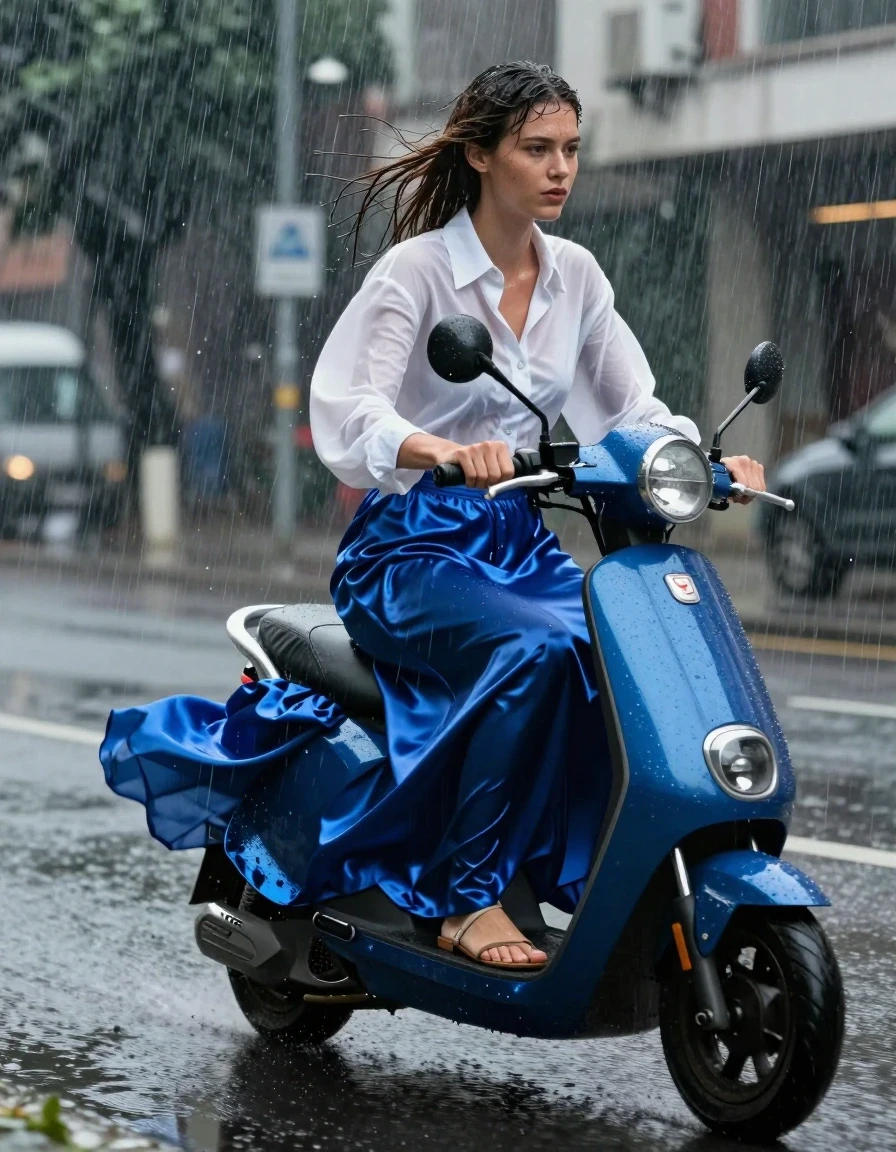 A photorealistic action shot of a young adult European woman riding a scooter across a rain-slicked urban pavement during a fierce storm. She is wearing a crisp, white, oversized men's button-down shirt with a stiff kent collar, the top button fastened, and a floor-length blue satin maxi skirt. The fabric of the satin skirt is heavily soaked, clinging to her legs and the scooter frame, with deep, dark, saturated blue tones, heavy wet folds, and intense, mirror-like specular highlights reflecting the stormy grey sky and streetlights. She wears simple sandals on her feet, which are wet and glistening. Her hair is plastered to her face and shoulders, and her skin is slick with rainwater. The atmosphere is turbulent with heavy rain, spray kicked up from the scooter wheels, and a dark, moody, cinematic lighting setup. Captured with a wide-angle lens, sharp focus on the textures of the wet satin and the wet pavement, high-speed shutter to freeze the motion of the rain, intense realistic wetness, hyper-detailed fabric textures, 8k resolution, professional photography.