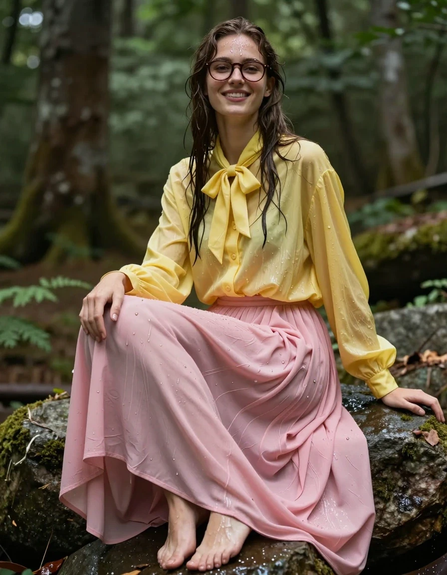 photo of young woman, in soaking wet, drenched clothes,
Barefeet, oversized pink maxi skirt, yellow oversized long sleeved buttoned down blouse, bowtie, forest, 
enjoying, wet clothes stuck to body,
detailed textures of the wet clothes, wet face, wet plastered hair,
wet, drenched, professional, high-quality details, full body view.
sharp focus, ultra-high pixel detail, realistic, high-quality, full colors, incredibly detailed, 4k, 8k, 16k, hyper-realistic, RAW photo, masterpiece, ultra-detailed, professionally color graded, professional photograph, sitting on a rock, smiling, nerdy look, wet skin, wet clothes, damp fabric, wet skin, wet clothes, damp fabric, wet skin, wet clothes, damp fabric