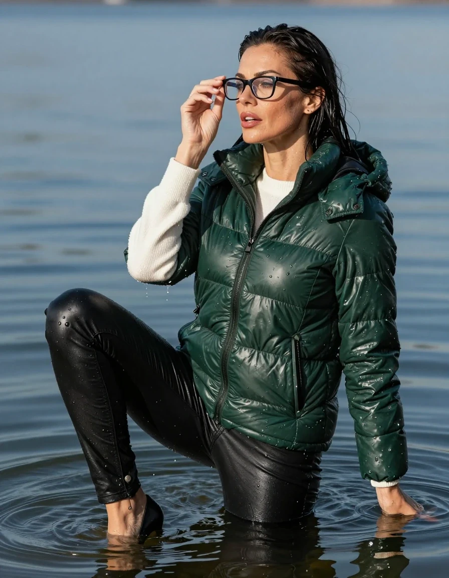 photo of young woman, in soaking wet, drenched clothes,
stilletto butts, long black leather jeans, long white sweater with long sleeves, maxi dark green winter down jacket, complete submerged under sunny very deep lake, 
enjoying, wet clothes stuck to body,
detailed textures of the wet clothes, wet face, wet plastered hair,
wet, drenched, professional, high-quality details, full body view.
sharp focus, ultra-high pixel detail, realistic, high-quality, full colors, incredibly detailed, 4k, 8k, 16k, hyper-realistic, RAW photo, masterpiece, ultra-detailed, professionally color graded, professional photograph, europen brunette skinny woman 40 years old, long dark black hair, very big and thick lips, office glasses, complete body, wet skin, wet clothes, damp fabric, wet skin, wet clothes, damp fabric, wet skin, wet clothes, damp fabric, wet skin, wet clothes, damp fabric, wet skin, wet clothes, damp fabric
