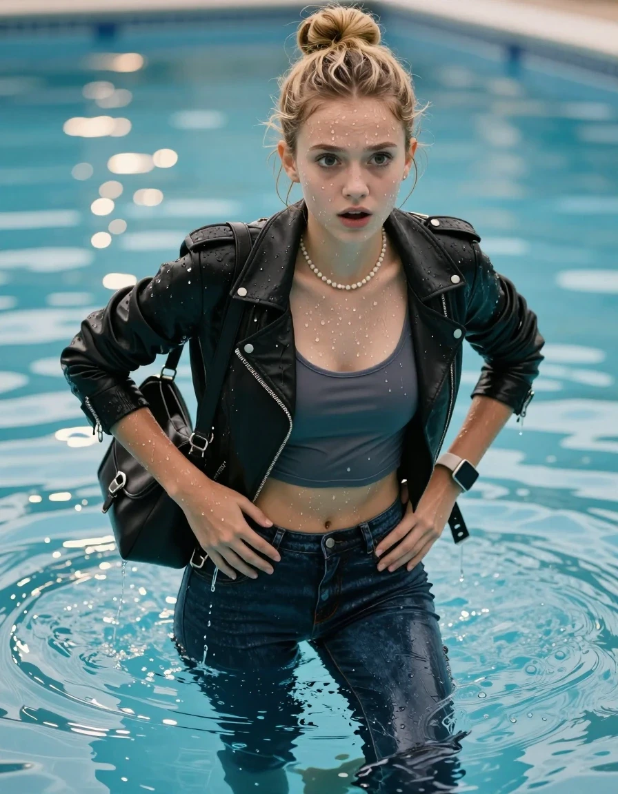 photo of young woman, in soaking wet, drenched clothes,
, Glistening soaked tight skinny jeans, Glistening soaked  black biker leatherjacket, tight sexy tshirt with wide neckline belly free, shoulderbag, pearl necklace, smartwatch , Pool, 
enjoying, wet clothes stuck to body,
detailed textures of the wet clothes, wet face, wet plastered hair,
wet, drenched, professional, high-quality details, full body view.
sharp focus, ultra-high pixel detail, realistic, high-quality, full colors, incredibly detailed, 4k, 8k, 16k, hyper-realistic, RAW photo, masterpiece, ultra-detailed, professionally color graded, professional photograph, A realistic vertical fashion photograph of an  15-year-old teenage Girl emerge after a dip   in a clear blue swimming pool. 
wet plastered hair. Blonde topknot. Afraid and astonished. Looking up at camera. Hold her hands on her butt. Open mouth, big eyes. She soak her shoulderbag in the water. She pressed her knees together. The girl is positioned in the center of the frame, her head and shoulders visible above the shimmering water surface, while her body and legs are submerged below. Natural sunlight creates sparkling reflections on the water's surface. High-quality fashion photography, sharp focus on her face, cinematic lighting.
The lighting is bright and cinematic, highlighting the glistening water droplets on her skin and the saturated texture of her clothes.

her clothes are heavy from the water, water runs from her body and her clothes in streams. A lot of water also runs out of her clothes. Her clothes are darkened by the water. Her submerged clothes are clinging wet. 
soft atmospheric lighting reflecting off the surface, cinematic medium shot, hyper-realistic wetness, high-contrast water sheen, 8k resolution, sharp focus, wet skin, wet clothes, damp fabric, wet skin, wet clothes, damp fabric, wet skin, wet clothes, damp fabric