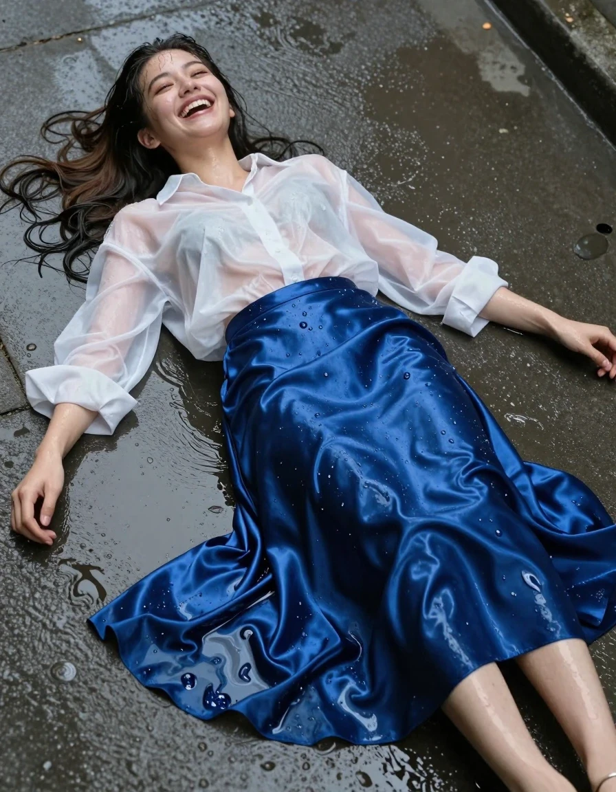 A photorealistic, high-detail capture of a young adult European woman lying on a wet concrete pavement, laughing joyfully. She is wearing an oversized white men's shirt with a crisp Kent collar and only the top button fastened, the fabric soaked and translucent where it clings to her skin. She wears a vibrant blue satin maxi skirt, the material heavy, clinging, and darkened by water, with deep ripples and high-gloss liquid sheen reflecting the ambient light. On her feet are wet, glistening sandals. Her hair and skin are glistening with water, with droplets and a slick, saturated appearance. The environment is a wet urban pavement with a shallow puddle, the water catching the light and creating realistic reflections around her. Cinematic lighting, sharp focus on the textures of the wet satin and the saturated cotton, water dripping from the fabric, hyper-realistic wetness, high-contrast reflections, 8k resolution, professional photography.