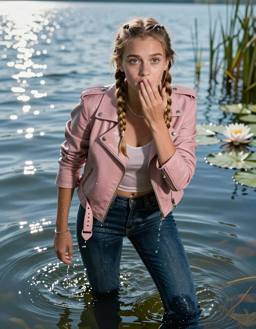 photo of young woman, in soaking wet, drenched clothes,
, Glistening soaked tight skinny jeans, Glistening soaked  light pink biker leatherjacket, tight sexy tshirt with wide neckline belly free, smal shoulderbag, pearl necklace, bracelet, Lake with water lilies and reeds, 
enjoying, wet clothes stuck to body,
detailed textures of the wet clothes, wet face, wet plastered hair,
wet, drenched, professional, high-quality details, full body view.
sharp focus, ultra-high pixel detail, realistic, high-quality, full colors, incredibly detailed, 4k, 8k, 16k, hyper-realistic, RAW photo, masterpiece, ultra-detailed, professionally color graded, professional photograph, View from behind: A realistic vertical fashion photograph of an  15-year-old teenage Girl emerge after a dip in a clear blue lake. 
wet plastered hair. Two long blonde braids. Afraid and astonished. Looking up at camera. Hold a hand on her mouth. Closed mouth, big eyes. She soak her shoulderbag in the water. Leaning forward. She pressed her knees together. The girl is positioned in the center of the frame, her head and shoulders visible above the shimmering water surface, while her body and legs are submerged below. Natural sunlight creates sparkling reflections on the water's surface. High-quality fashion photography, sharp focus on her face, cinematic lighting.
The lighting is bright and cinematic, highlighting the glistening water droplets on her skin and the saturated texture of her clothes.

her clothes are heavy from the water, water runs from her body and her clothes in streams. A lot of water also runs out of her clothes. Her clothes are darkened by the water. Her submerged clothes are clinging wet. 
soft atmospheric lighting reflecting off the surface, cinematic medium shot, hyper-realistic wetness, high-contrast water sheen, 8k resolution, sharp focus, wet skin, wet clothes, damp fabric, wet skin, wet clothes, damp fabric, wet skin, wet clothes, damp fabric, wet skin, wet clothes, damp fabric, wet skin, wet clothes, damp fabric
