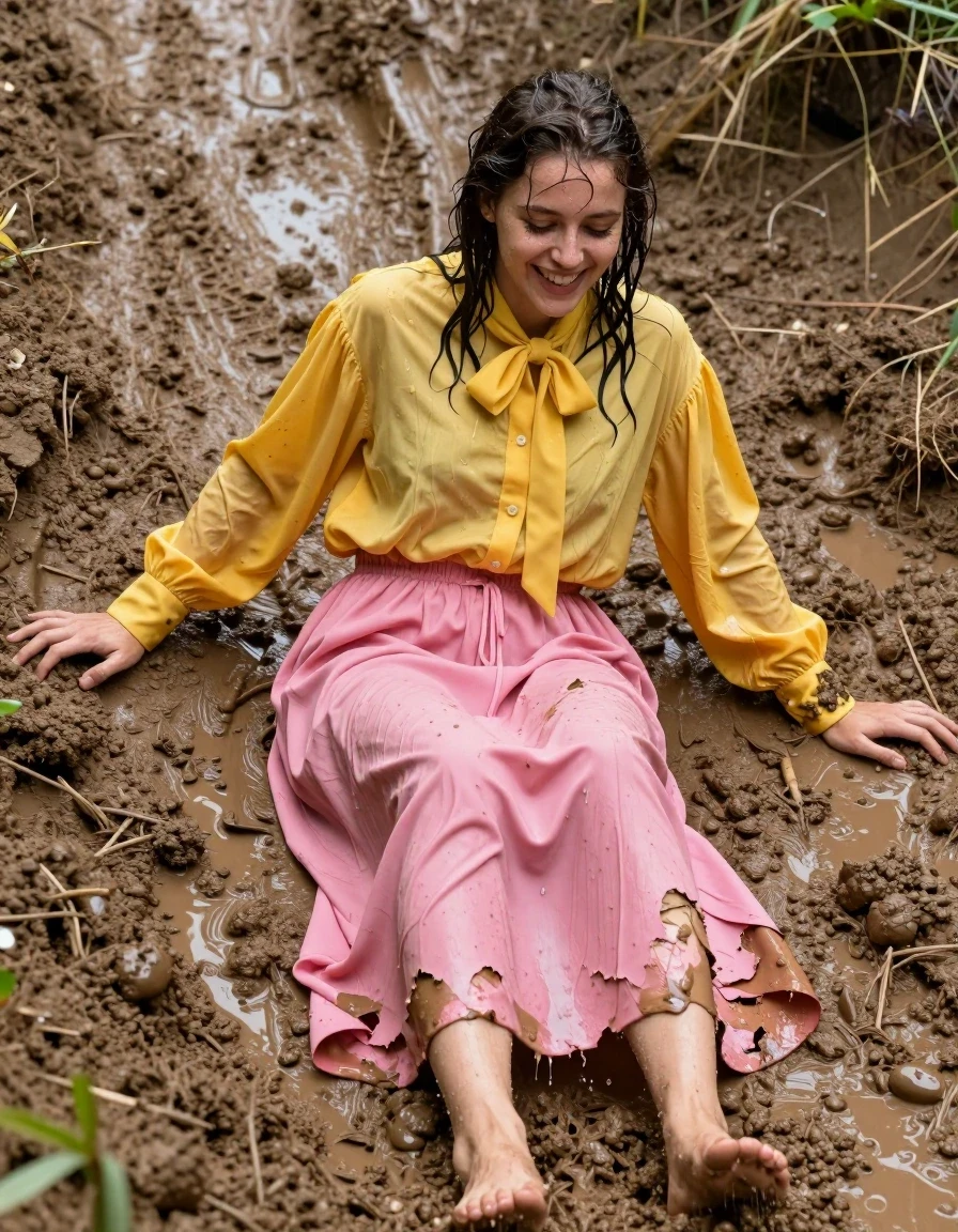 photo of young woman, in soaking wet, drenched clothes,
Barefeet, oversized pink maxi skirt, yellow oversized long sleeved buttoned down blouse, bowtie, mudslide, 
enjoying, wet clothes stuck to body,
detailed textures of the wet clothes, wet face, wet plastered hair,
wet, drenched, professional, high-quality details, full body view.
sharp focus, ultra-high pixel detail, realistic, high-quality, full colors, incredibly detailed, 4k, 8k, 16k, hyper-realistic, RAW photo, masterpiece, ultra-detailed, professionally color graded, professional photograph, sliding down the mud completely drenched and muddy, clothes torn, laughing, wet skin, wet clothes, damp fabric