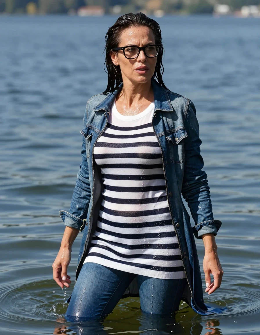 photo of young woman, in soaking wet, drenched clothes,
stilletto butts, long blue tight jeans, white & black striped long sweater dress with long sleeves, long blue denim jacket with zipper, complete submerged under very deep sunny lake, 
enjoying, wet clothes stuck to body,
detailed textures of the wet clothes, wet face, wet plastered hair,
wet, drenched, professional, high-quality details, full body view.
sharp focus, ultra-high pixel detail, realistic, high-quality, full colors, incredibly detailed, 4k, 8k, 16k, hyper-realistic, RAW photo, masterpiece, ultra-detailed, professionally color graded, professional photograph, europen brunette skinny woman 40 years old, long dark black hair, very big and thick lips, office glasses, complete body, wet skin, wet clothes, damp fabric, wet skin, wet clothes, damp fabric, wet skin, wet clothes, damp fabric, wet skin, wet clothes, damp fabric, wet skin, wet clothes, damp fabric