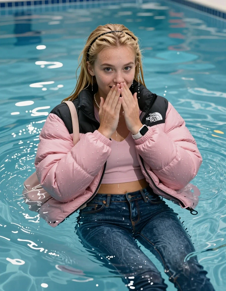 photo of young woman, in soaking wet, drenched clothes,
, Glistening soaked tight skinny jeans, Glistening soaked pink Puffer down jacket from north face, tight sexy tshirt with wide neckline belly free, shoulderbag, pearl necklace, smartwatch , Pool, 
enjoying, wet clothes stuck to body,
detailed textures of the wet clothes, wet face, wet plastered hair,
wet, drenched, professional, high-quality details, full body view.
sharp focus, ultra-high pixel detail, realistic, high-quality, full colors, incredibly detailed, 4k, 8k, 16k, hyper-realistic, RAW photo, masterpiece, ultra-detailed, professionally color graded, professional photograph, A realistic vertical fashion photograph of an  15-year-old german teenage Girl lying after a dip submerged in a clear blue swimming pool. 
Complete wet plastered hair. Blonde  sleek long straight hair with a hairband with water cascading down her clothes. Shy and astonished. Slightly smile. Looking at camera. Hold her hands over her mouth and nose. Open mouth, big eyes. She soak her shoulderbag in the water. The girl is positioned in the center of the frame, her head and shoulders visible above the shimmering water surface, while her body and legs are submerged below. Natural sunlight creates sparkling reflections on the water's surface. High-quality fashion photography, sharp focus on her face, cinematic lighting.
The lighting is bright and cinematic, highlighting the glistening water droplets on her skin and the saturated texture of her clothes.

her clothes are heavy from the water, water runs from her body and her clothes in streams. A lot of water also runs out of her clothes. Her clothes are darkened by the water. Her submerged clothes are clinging wet. 
soft atmospheric lighting reflecting off the surface, cinematic medium shot, hyper-realistic wetness, high-contrast water sheen, 8k resolution, sharp focus, wet skin, wet clothes, damp fabric, wet skin, wet clothes, damp fabric, wet skin, wet clothes, damp fabric