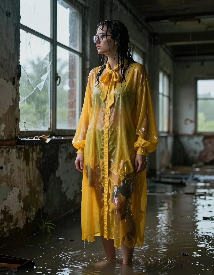 A photorealistic medium shot of a young adult European woman with wet, rain-slicked hair and glistening, damp skin, standing inside a desolate, abandoned flooded warehouse. She is wearing a yellow, extremely oversized, long-sleeved maxi button-down dress that is soaking wet, heavy with water, clinging to her frame with deep, saturated color shifts, dark water-logged patches, and heavy, dripping folds. The dress features a neatly tied bowtie at the collar and she is wearing stylish glasses. She is barefoot, standing in shallow, murky water reflecting the dim light. She is positioned looking out of a shattered warehouse window, her expression contemplative as she watches the rain outside. The atmosphere is moody and cinematic, with natural light filtering through dust and grime, highlighting the wet texture of the fabric and the water sheen on her skin. High-detail photography, 8k, realistic fabric physics, damp environment, gloomy aesthetic.