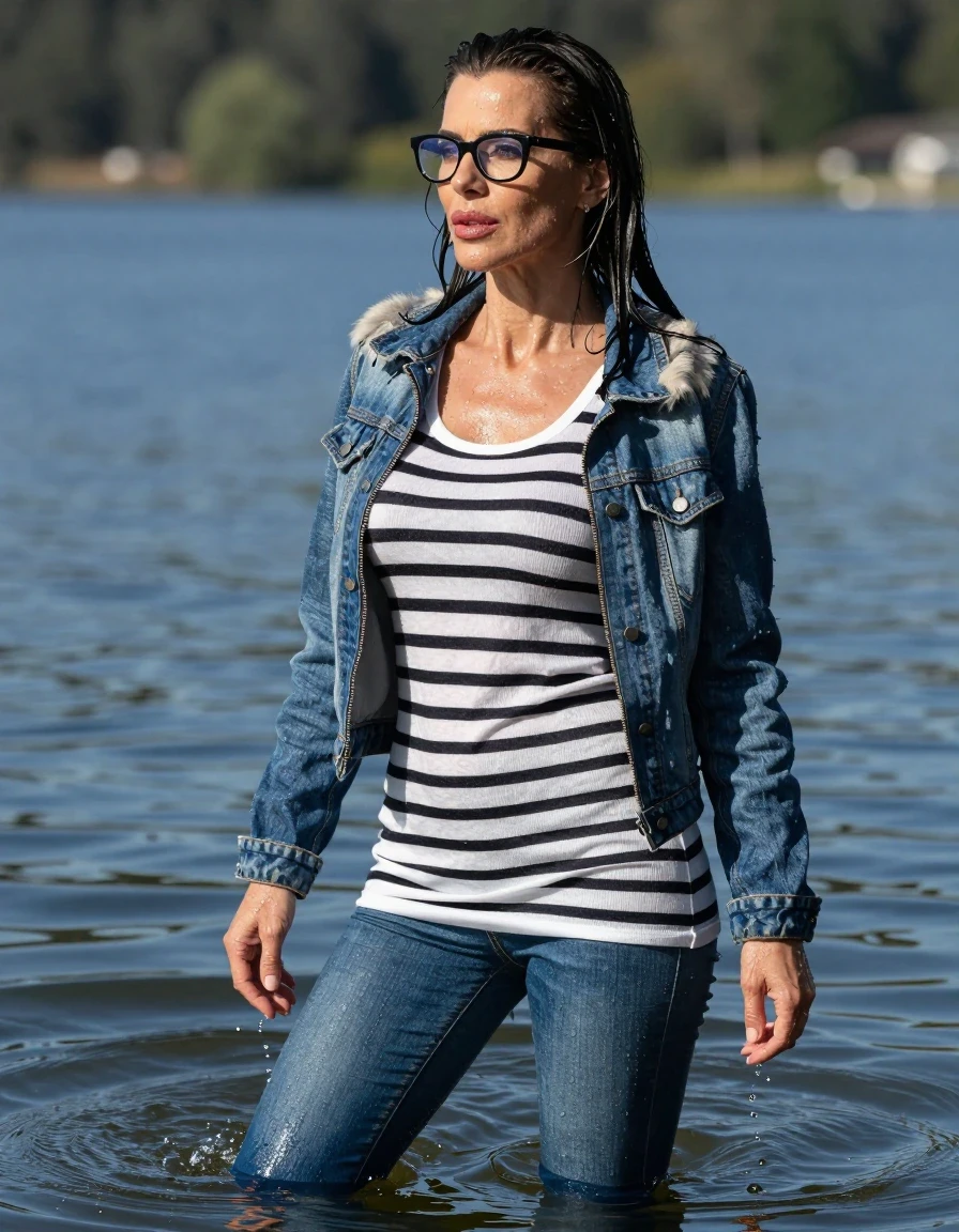 photo of young woman, in soaking wet, drenched clothes,
stilletto butts, long blue tight jeans, white & black striped long sweater dress with long sleeves, long blue denim fur jacket with zipper, complete submerged under very deep sunny lake, 
enjoying, wet clothes stuck to body,
detailed textures of the wet clothes, wet face, wet plastered hair,
wet, drenched, professional, high-quality details, full body view.
sharp focus, ultra-high pixel detail, realistic, high-quality, full colors, incredibly detailed, 4k, 8k, 16k, hyper-realistic, RAW photo, masterpiece, ultra-detailed, professionally color graded, professional photograph, europen brunette skinny woman 40 years old, long dark black hair, very big and thick lips, office glasses, complete body, wet skin, wet clothes, damp fabric, wet skin, wet clothes, damp fabric, wet skin, wet clothes, damp fabric, wet skin, wet clothes, damp fabric, wet skin, wet clothes, damp fabric