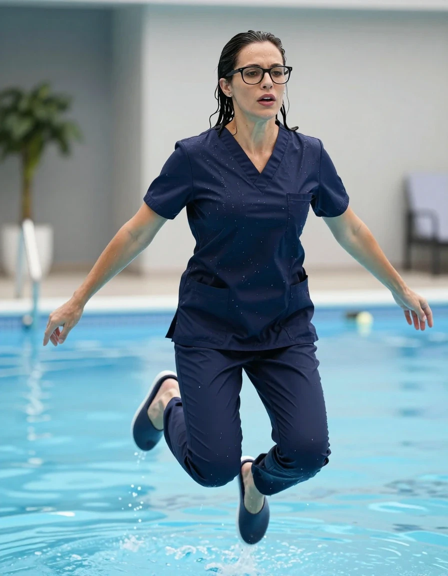photo of young woman, in soaking wet, drenched clothes,
slippers, dark blue scrubs, dark blue scrubs, jumping in pool, 
enjoying, wet clothes stuck to body,
detailed textures of the wet clothes, wet face, wet plastered hair,
wet, drenched, professional, high-quality details, full body view.
sharp focus, ultra-high pixel detail, realistic, high-quality, full colors, incredibly detailed, 4k, 8k, 16k, hyper-realistic, RAW photo, masterpiece, ultra-detailed, professionally color graded, professional photograph, europen brunette skinny woman 40 years old, long dark black hair, very big and thick lips, office glasses, complete body, wet skin, wet clothes, damp fabric, wet skin, wet clothes, damp fabric, wet skin, wet clothes, damp fabric, wet skin, wet clothes, damp fabric, wet skin, wet clothes, damp fabric