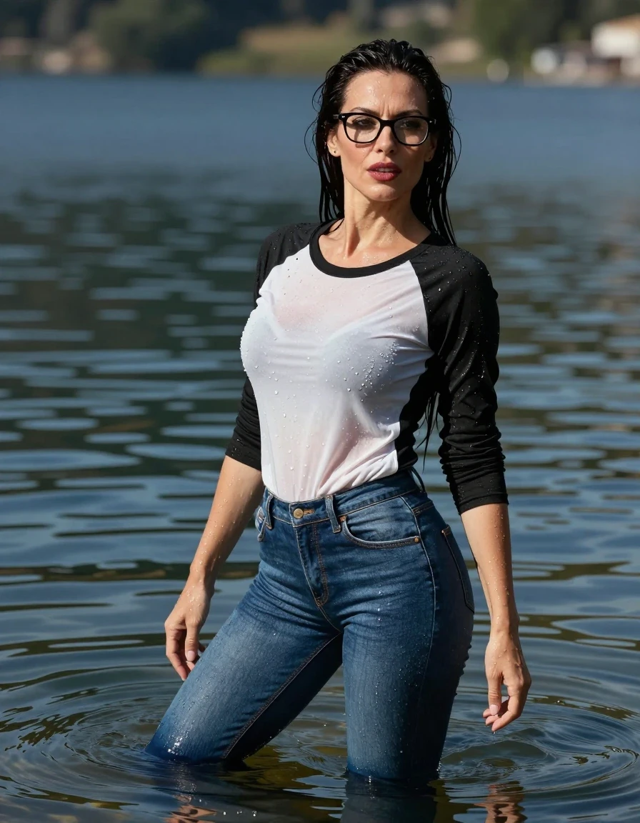 photo of young woman, in soaking wet, drenched clothes,
stilletto butts, long blue tight jeans, black and white long sweater with long sleeves, complete submerged under very deep sunny lake, 
enjoying, wet clothes stuck to body,
detailed textures of the wet clothes, wet face, wet plastered hair,
wet, drenched, professional, high-quality details, full body view.
sharp focus, ultra-high pixel detail, realistic, high-quality, full colors, incredibly detailed, 4k, 8k, 16k, hyper-realistic, RAW photo, masterpiece, ultra-detailed, professionally color graded, professional photograph, europen brunette skinny woman 40 years old, long dark black hair, very big and thick lips, office glasses, complete body, wet skin, wet clothes, damp fabric, wet skin, wet clothes, damp fabric, wet skin, wet clothes, damp fabric, wet skin, wet clothes, damp fabric, wet skin, wet clothes, damp fabric