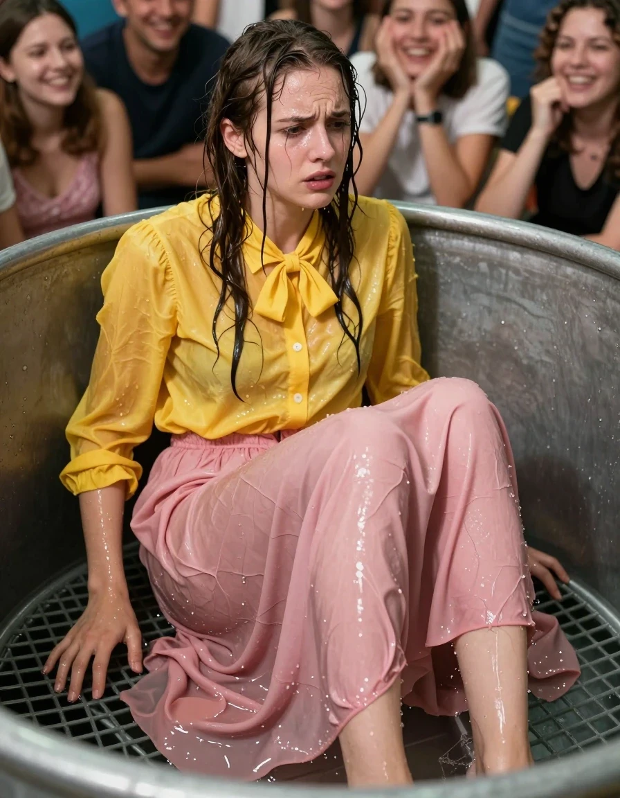 A photorealistic medium shot of a young adult European woman sitting inside a dunk tank after falling in, her skin and hair glistening with water, wet strands of hair clinging to her face and shoulders. She is wearing a yellow oversized long-sleeved buttoned-down blouse with a bowtie and an oversized pink maxi skirt, both garments are completely soaked, heavy with water, clinging to her body, and exhibiting deep color saturation and dark, heavy water-logged folds. Her bare feet are visible, dripping with water against the metal grating of the dunk tank. She looks embarrassed and frazzled, while a crowd of people outside the tank are laughing at her in the background. The scene is brightly lit with strong specular highlights on the wet fabric and water surfaces, sharp focus, 8k resolution, cinematic lighting, capturing the texture of the wet fabric and the glistening sheen of her skin.