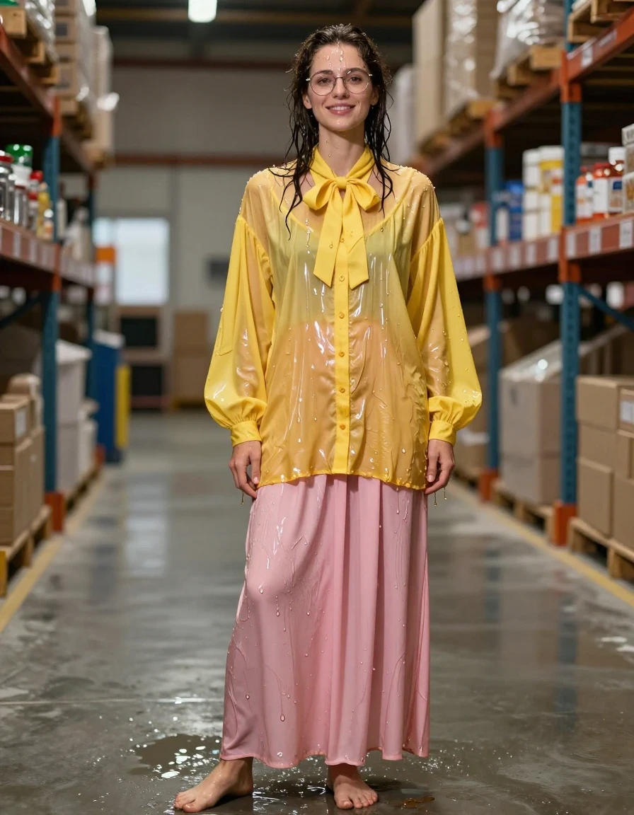 photo of young woman, in soaking wet, drenched clothes,
Barefeet, pink maxi skirt, glasses, yellow extremely oversized long sleeved buttoned down blouse, bowtie, warehouse, 
enjoying, wet clothes stuck to body,
detailed textures of the wet clothes, wet face, wet plastered hair,
wet, drenched, professional, high-quality details, full body view.
sharp focus, ultra-high pixel detail, realistic, high-quality, full colors, incredibly detailed, 4k, 8k, 16k, hyper-realistic, RAW photo, masterpiece, ultra-detailed, professionally color graded, professional photograph, covering herself in honey, smiling, wet skin, wet clothes, damp fabric