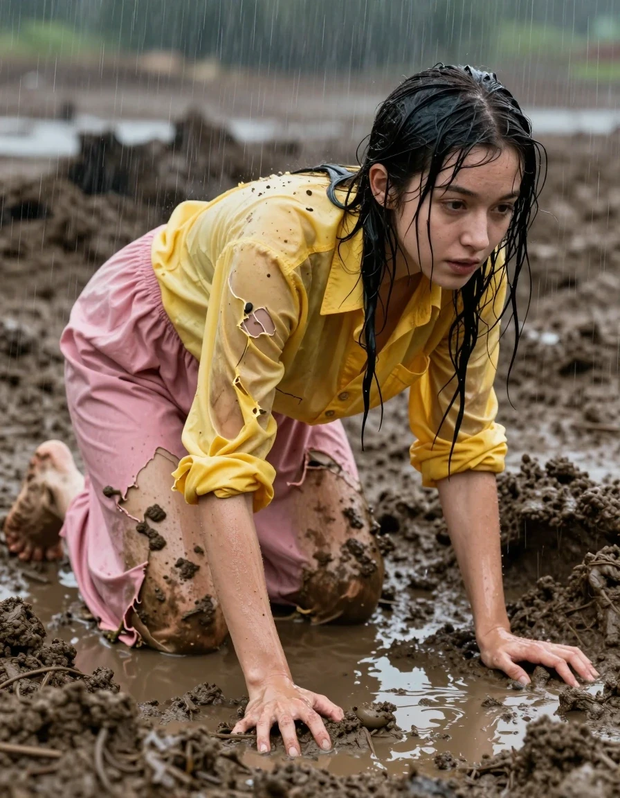 A young adult European woman crawling out of a deep, murky mudhole during a heavy rainstorm. She is completely drenched, her skin and hair slick with water and thick, clinging mud. She is wearing a torn yellow oversized long-sleeved buttoned-down men's shirt and a torn pink maxi skirt, both garments are heavily soaked, clinging to her body, darkened by water, and covered in mud smears and debris. Her bare feet are visible, caked in wet earth as she pushes herself through the sludge. The lighting is moody and cinematic, emphasizing the glossy specular reflections of the rain on her wet skin and the heavy, saturated texture of the ruined fabric. High-detail photographic composition, 8k resolution, raw texture, realistic wetness, grit, and atmospheric rain effects.