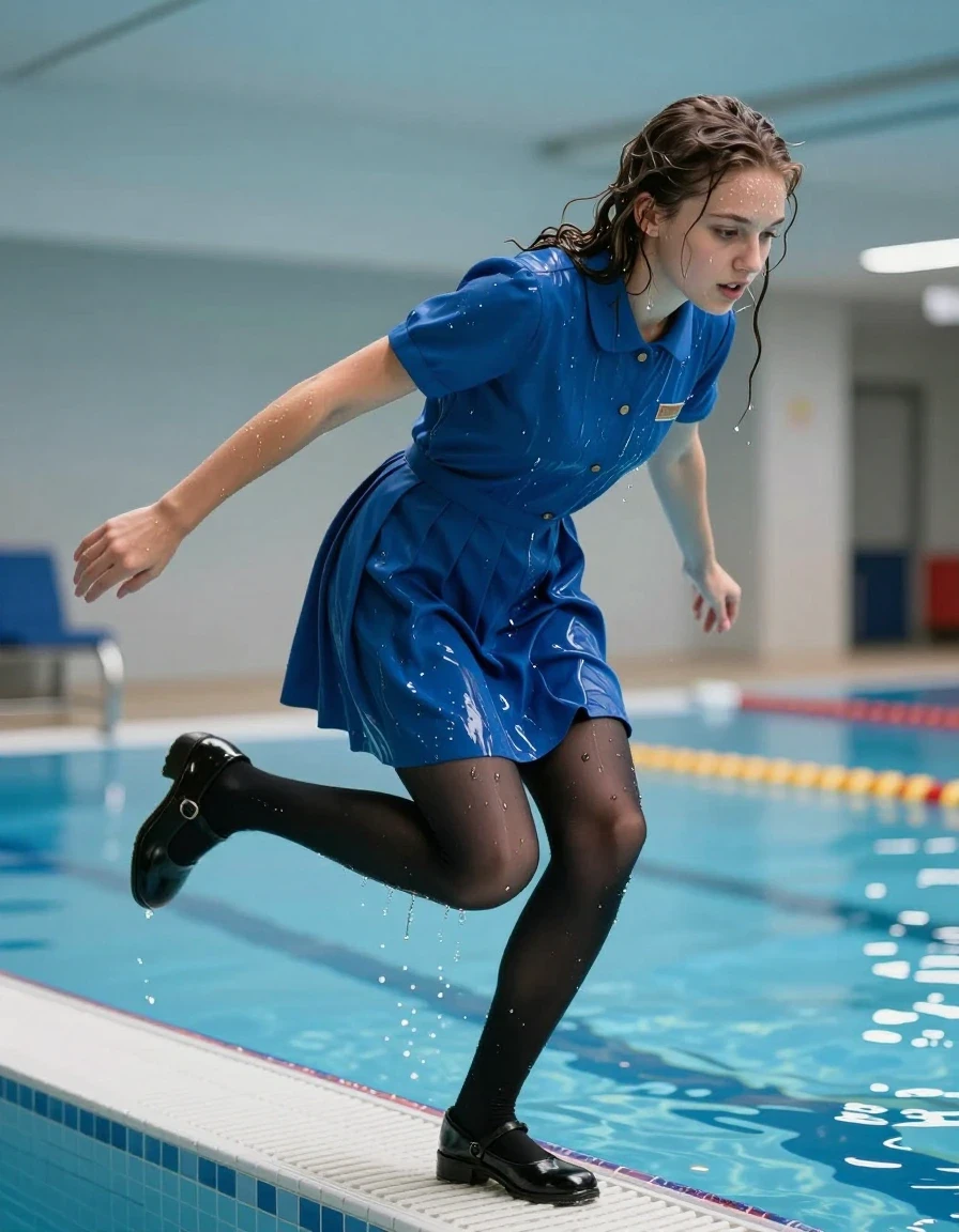 photo of young woman, in soaking wet, drenched clothes,
black mary-jane shoes, black tights, blue school uniform dress, indoor pool, 
enjoying, wet clothes stuck to body,
detailed textures of the wet clothes, wet face, wet plastered hair,
wet, drenched, professional, high-quality details, full body view.
sharp focus, ultra-high pixel detail, realistic, high-quality, full colors, incredibly detailed, 4k, 8k, 16k, hyper-realistic, RAW photo, masterpiece, ultra-detailed, professionally color graded, professional photograph, The young lady is jumping into the pool fully clothed., wet skin, wet clothes, damp fabric