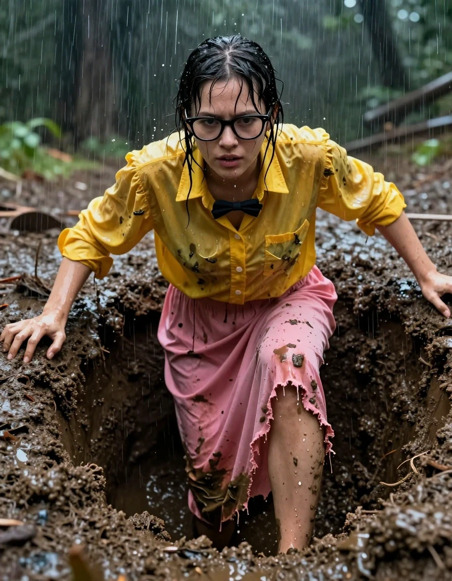 A photorealistic cinematic shot of a young adult European woman crawling out of a deep, murky mudhole during a heavy rainstorm. She is completely drenched, her skin and hair slick with water and thick, clinging mud. She wears a torn, oversized yellow long-sleeved buttoned-down men's shirt that is heavy with moisture, clinging to her frame, and a torn pink maxi skirt stained with dark mud. She is wearing black nerdy glasses and a bowtie. Her bare feet are caked in mud as she struggles out of the sludge. The environment is a dark, rain-swept forest floor, with water pouring down in visible streaks. The lighting is moody and overcast, creating strong glossy specular highlights on her wet skin and the saturated, heavy, mud-caked fabrics. High-detail textures, water dripping from clothing, extreme realism, 8k resolution, captured on 35mm lens, sharp focus on the subject's intense expression.