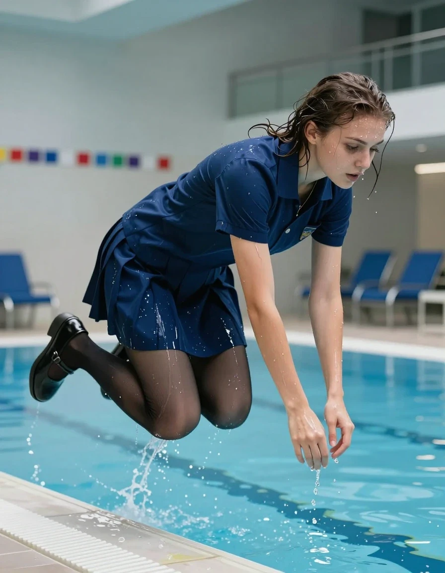 photo of young woman, in soaking wet, drenched clothes,
black mary-jane shoes, black tights, blue school uniform , indoor pool, 
enjoying, wet clothes stuck to body,
detailed textures of the wet clothes, wet face, wet plastered hair,
wet, drenched, professional, high-quality details, full body view.
sharp focus, ultra-high pixel detail, realistic, high-quality, full colors, incredibly detailed, 4k, 8k, 16k, hyper-realistic, RAW photo, masterpiece, ultra-detailed, professionally color graded, professional photograph, The young lady is jumping into the pool fully clothed., wet skin, wet clothes, damp fabric, wet skin, wet clothes, damp fabric