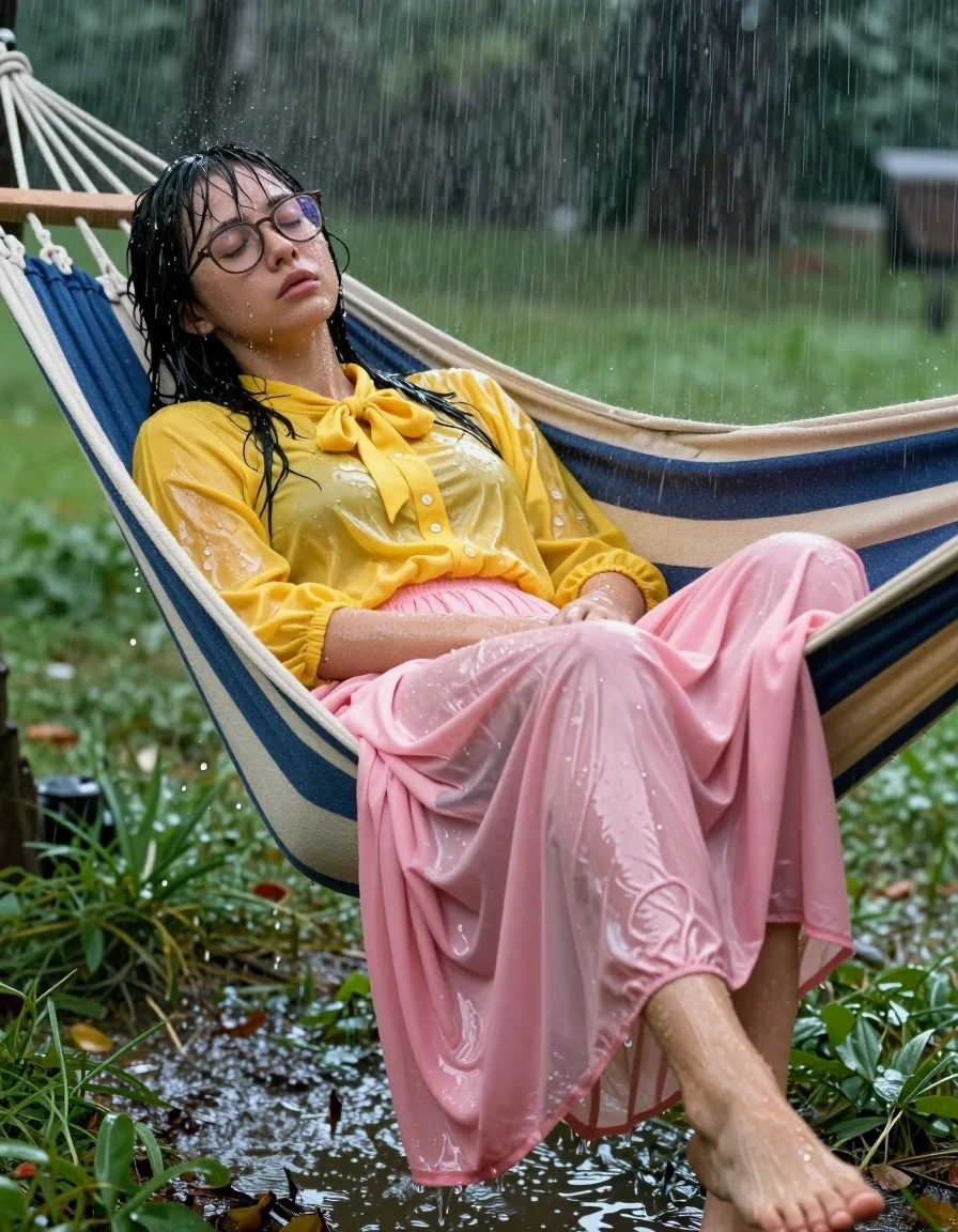 A photorealistic, high-detail shot of a young adult European woman with a nerdy look, wearing thick-rimmed glasses, sleeping soundly in a hammock in a public park during a torrential downpour. She is dressed in a yellow oversized long-sleeved buttoned-down blouse with a bowtie, and an oversized pink maxi skirt. Her bare feet are visible, dangling slightly off the edge of the hammock. The subject is completely drenched; her hair is matted and dripping, her skin has a realistic wet sheen with rivulets of water, and her clothing is heavy and soaked. The yellow blouse and pink maxi skirt are clinging to her body, showing deep, saturated colors, heavy water-logged folds, and translucent patches where the fabric is fully saturated. Water cascades off the hammock fabric. The environment is dark and moody with heavy rain streaks, lush green park foliage blurred in the background, and soft, diffused natural light catching the wet textures on her face and clothes. Cinematic composition, 8k resolution, hyper-realistic water physics, sharp focus on the subject's relaxed facial expression and the clinging, wet texture of the fabric.