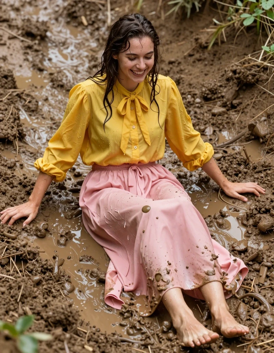 photo of young woman, in soaking wet, drenched clothes,
Barefeet, oversized pink maxi skirt, yellow oversized long sleeved buttoned down blouse, bowtie, mudslide, 
enjoying, wet clothes stuck to body,
detailed textures of the wet clothes, wet face, wet plastered hair,
wet, drenched, professional, high-quality details, full body view.
sharp focus, ultra-high pixel detail, realistic, high-quality, full colors, incredibly detailed, 4k, 8k, 16k, hyper-realistic, RAW photo, masterpiece, ultra-detailed, professionally color graded, professional photograph, sliding down the mud completely drenched and muddy, laughing, wet skin, wet clothes, damp fabric, wet skin, wet clothes, damp fabric
