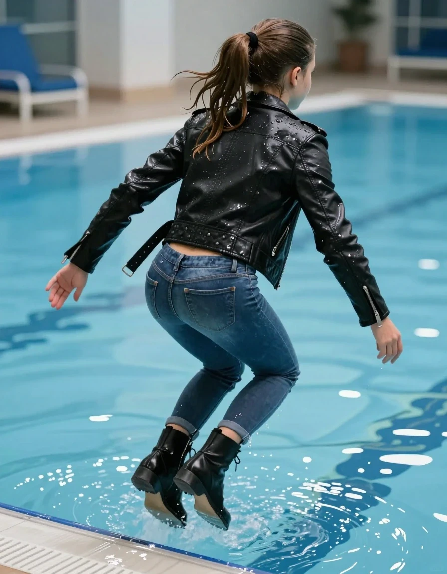 photo of young woman, in soaking wet, drenched clothes,
Ankle boots, Skinny jeans, Black biker leatherjacket , indoor pool, 
enjoying, wet clothes stuck to body,
detailed textures of the wet clothes, wet face, wet plastered hair,
wet, drenched, professional, high-quality details, full body view.
sharp focus, ultra-high pixel detail, realistic, high-quality, full colors, incredibly detailed, 4k, 8k, 16k, hyper-realistic, RAW photo, masterpiece, ultra-detailed, professionally color graded, professional photograph, View from behind: A 15-years-old teenage girl with sleek ponytail is jumping head forward into the pool fully clothed. She press her knees together, wet skin, wet clothes, damp fabric, wet skin, wet clothes, damp fabric, wet skin, wet clothes, damp fabric