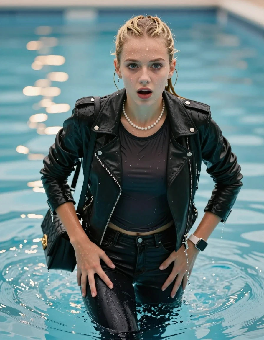 photo of young woman, in soaking wet, drenched clothes,
, Glistening soaked tight skinny jeans, Glistening soaked  black biker leatherjacket, tight sexy tshirt with wide neckline belly free, shoulderbag, pearl necklace, smartwatch , Pool, 
enjoying, wet clothes stuck to body,
detailed textures of the wet clothes, wet face, wet plastered hair,
wet, drenched, professional, high-quality details, full body view.
sharp focus, ultra-high pixel detail, realistic, high-quality, full colors, incredibly detailed, 4k, 8k, 16k, hyper-realistic, RAW photo, masterpiece, ultra-detailed, professionally color graded, professional photograph, A realistic vertical fashion photograph of an  15-year-old teenage Girl emerge after a dip   in a clear blue swimming pool. 
wet plastered hair. Blonde sleek twisted ponytail with water cascading down her clothes. Afraid and astonished. Looking up at camera. Hold her hands on her ass . Open mouth, big eyes. She soak her shoulderbag in the water. She pressed her knees together. The girl is positioned in the center of the frame, her head and shoulders visible above the shimmering water surface, while her body and legs are submerged below. Natural sunlight creates sparkling reflections on the water's surface. High-quality fashion photography, sharp focus on her face, cinematic lighting.
The lighting is bright and cinematic, highlighting the glistening water droplets on her skin and the saturated texture of her clothes.

her clothes are heavy from the water, water runs from her body and her clothes in streams. A lot of water also runs out of her clothes. Her clothes are darkened by the water. Her submerged clothes are clinging wet. 
soft atmospheric lighting reflecting off the surface, cinematic medium shot, hyper-realistic wetness, high-contrast water sheen, 8k resolution, sharp focus, wet skin, wet clothes, damp fabric, wet skin, wet clothes, damp fabric, wet skin, wet clothes, damp fabric