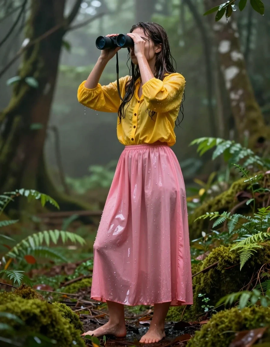 A photorealistic medium-full shot of a young adult European woman standing in a lush, misty forest, birdwatching with binoculars held to her eyes. She is wearing a yellow oversized long-sleeved buttoned-down blouse with a bowtie and an oversized pink maxi skirt, both garments are soaking-wet, heavy with water, clinging to her skin, and displaying deep, saturated color shifts with glossy specular highlights on the fabric folds. Her hair is plastered to her face and shoulders, and her skin has a realistic, glistening wet sheen. She is barefoot, with her feet pressing into the damp, mossy forest floor. The scene features high-contrast lighting filtering through the dense canopy, emphasizing the wet textures of the saturated clothing and the surrounding foliage, captured with a sharp 85mm lens, cinematic depth of field, and hyper-realistic detail.