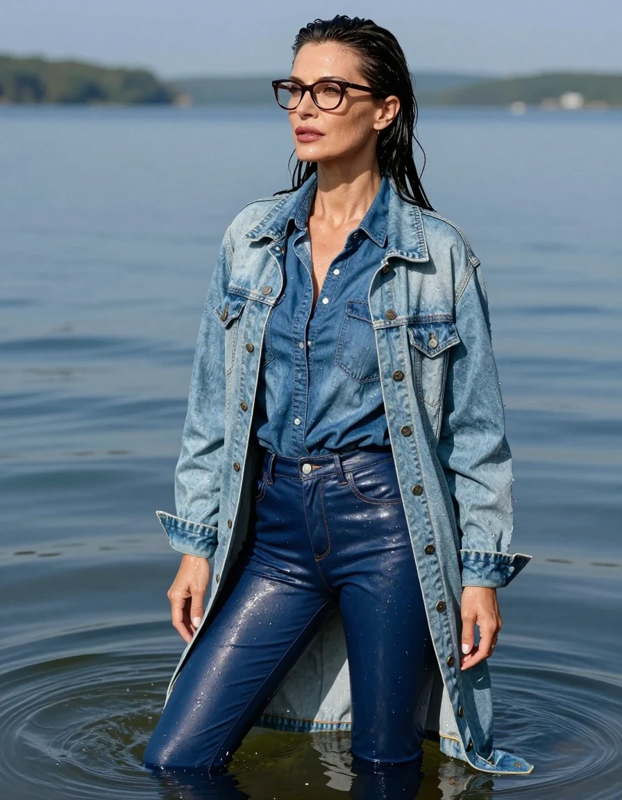 photo of young woman, in soaking wet, drenched clothes,
stilletto butts, long blue leather jeans, long blue denim shirt, maxi light blue denim jacket, complete submerged under very deep sunny lake, 
enjoying, wet clothes stuck to body,
detailed textures of the wet clothes, wet face, wet plastered hair,
wet, drenched, professional, high-quality details, full body view.
sharp focus, ultra-high pixel detail, realistic, high-quality, full colors, incredibly detailed, 4k, 8k, 16k, hyper-realistic, RAW photo, masterpiece, ultra-detailed, professionally color graded, professional photograph, europen brunette skinny woman 40 years old, long dark black hair, very big and thick lips, office glasses, complete body, wet skin, wet clothes, damp fabric, wet skin, wet clothes, damp fabric, wet skin, wet clothes, damp fabric, wet skin, wet clothes, damp fabric, wet skin, wet clothes, damp fabric