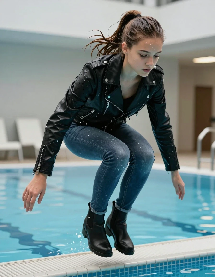 photo of young woman, in soaking wet, drenched clothes,
Ankle boots, Skinny jeans, Black biker leatherjacket , indoor pool, 
enjoying, wet clothes stuck to body,
detailed textures of the wet clothes, wet face, wet plastered hair,
wet, drenched, professional, high-quality details, full body view.
sharp focus, ultra-high pixel detail, realistic, high-quality, full colors, incredibly detailed, 4k, 8k, 16k, hyper-realistic, RAW photo, masterpiece, ultra-detailed, professionally color graded, professional photograph, View from the front : A 15-years-old teenage girl with sleek ponytail is jumping head forward into the pool fully clothed. She press her knees together, wet skin, wet clothes, damp fabric, wet skin, wet clothes, damp fabric, wet skin, wet clothes, damp fabric