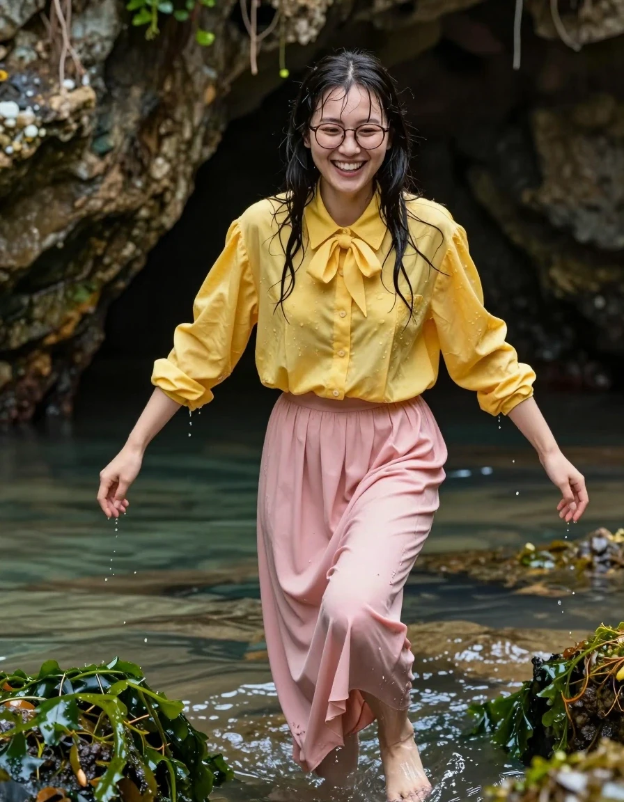 photo of young woman, in soaking wet, drenched clothes,
Barefeet, pink maxi skirt, petticoat, glasses, yellow extremely oversized long sleeved buttoned down blouse, bowtie, climbing out of a flooded cave next to the sea, 
enjoying, wet clothes stuck to body,
detailed textures of the wet clothes, wet face, wet plastered hair,
wet, drenched, professional, high-quality details, full body view.
sharp focus, ultra-high pixel detail, realistic, high-quality, full colors, incredibly detailed, 4k, 8k, 16k, hyper-realistic, RAW photo, masterpiece, ultra-detailed, professionally color graded, professional photograph, covered in seaweed, laughing, nerdy look, wet skin, wet clothes, damp fabric, wet skin, wet clothes, damp fabric