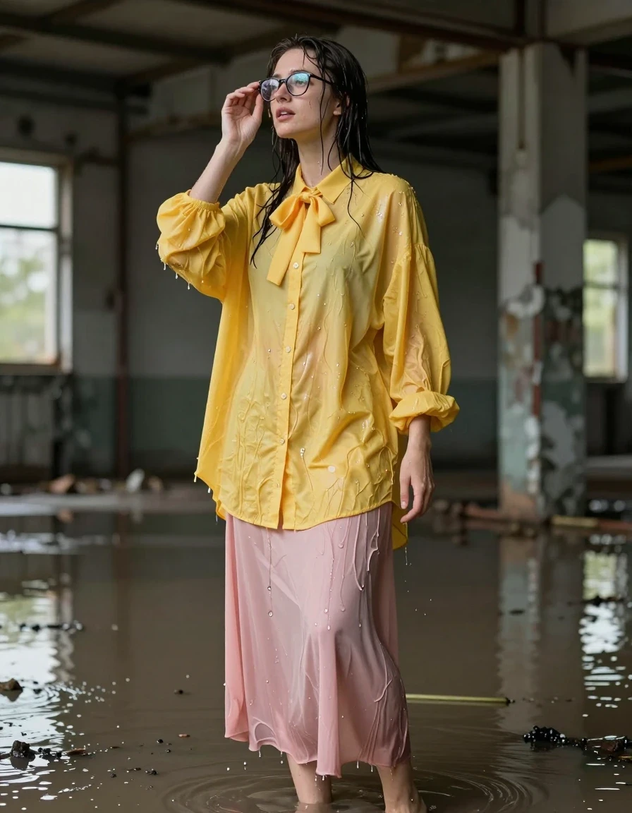 photo of young woman, in soaking wet, drenched clothes,
Barefeet, pink maxi skirt, glasses, yellow extremely oversized long sleeved buttoned down blouse, bowtie, abandoned flooded warehouse, 
enjoying, wet clothes stuck to body,
detailed textures of the wet clothes, wet face, wet plastered hair,
wet, drenched, professional, high-quality details, full body view.
sharp focus, ultra-high pixel detail, realistic, high-quality, full colors, incredibly detailed, 4k, 8k, 16k, hyper-realistic, RAW photo, masterpiece, ultra-detailed, professionally color graded, professional photograph, covering herself in dirty water, wet skin, wet clothes, damp fabric